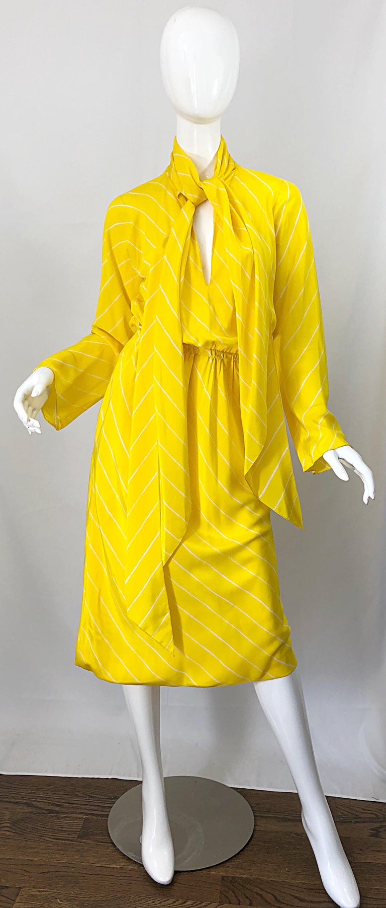 1970s Halston Canary Yellow + White Chevron Striped Bell Sleeve 70s Scarf Dress For Sale 2