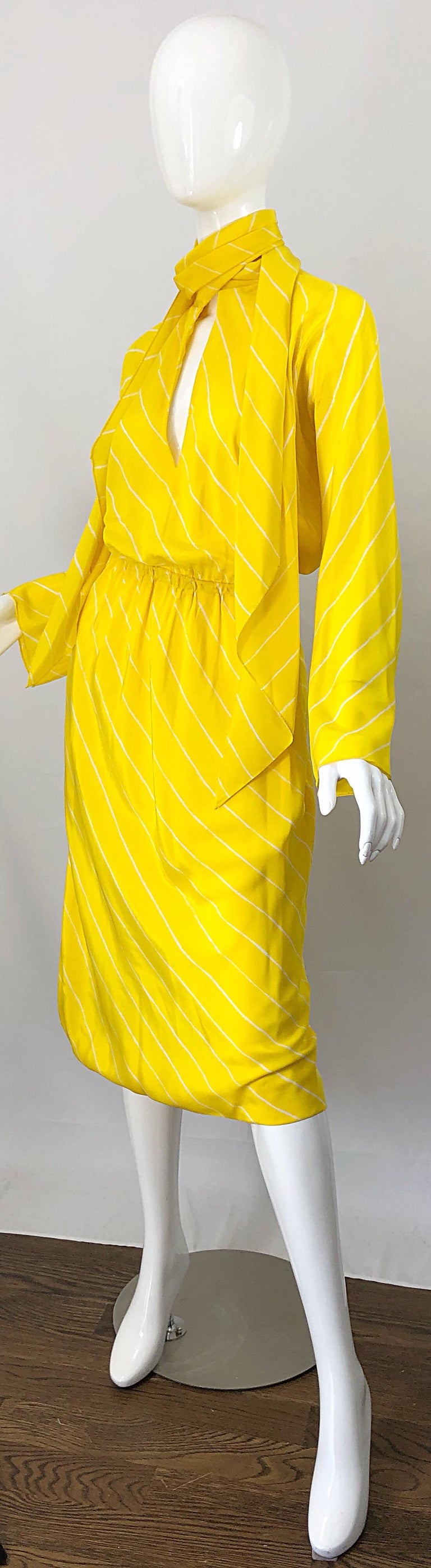 1970s Halston Canary Yellow + White Chevron Striped Bell Sleeve 70s Scarf Dress For Sale 3