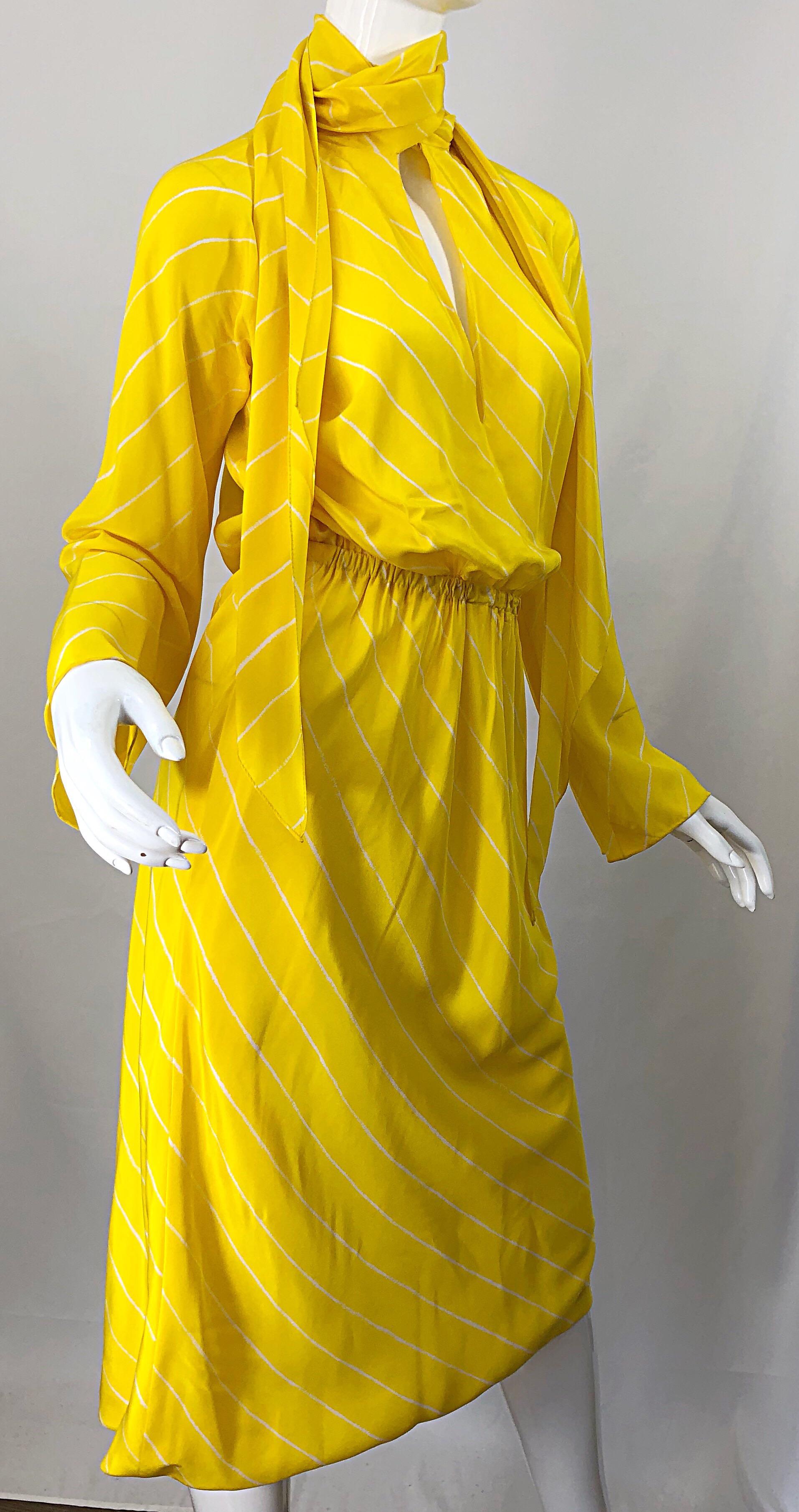 1970s Halston Canary Yellow + White Chevron Striped Bell Sleeve 70s Scarf Dress 1