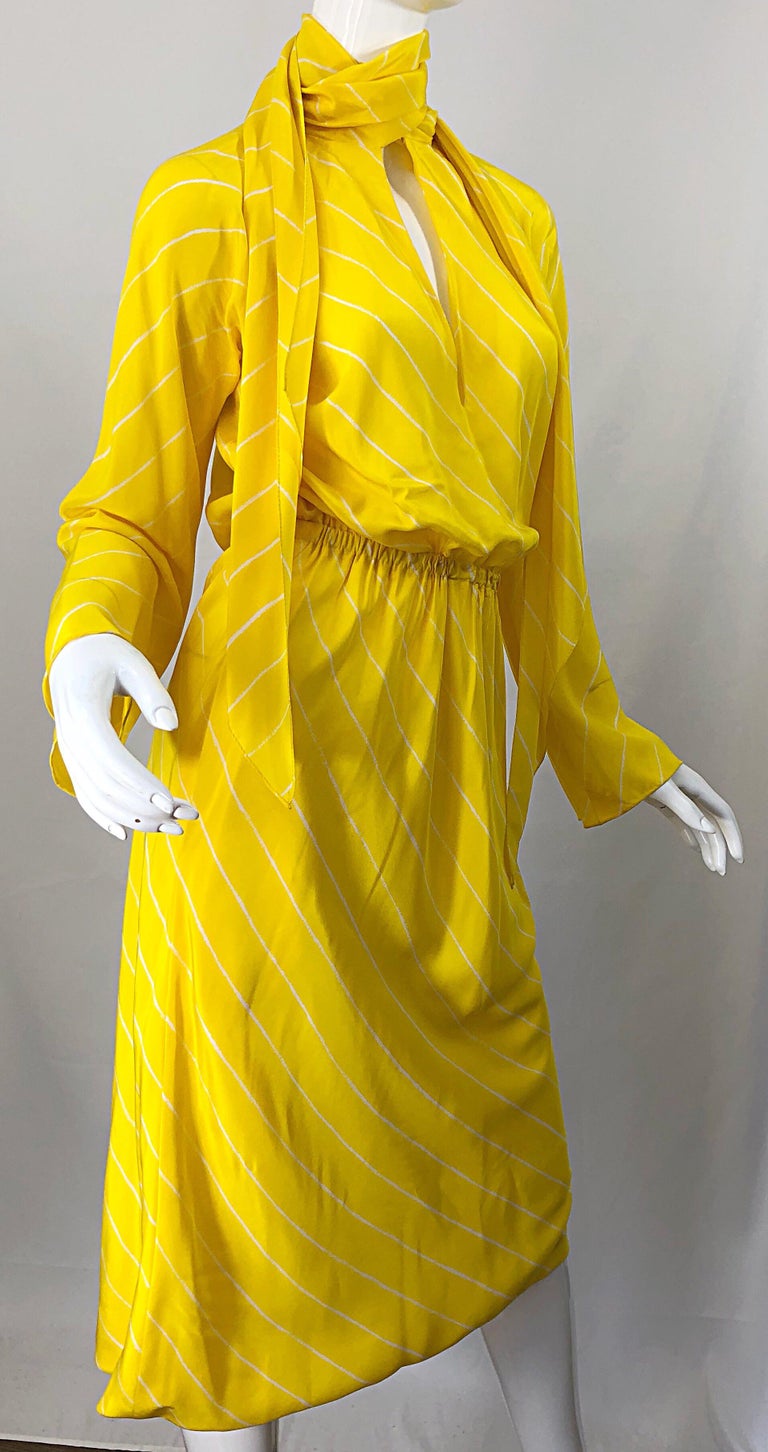 1970s Halston Canary Yellow + White Chevron Striped Bell Sleeve 70s Scarf Dress For Sale 4
