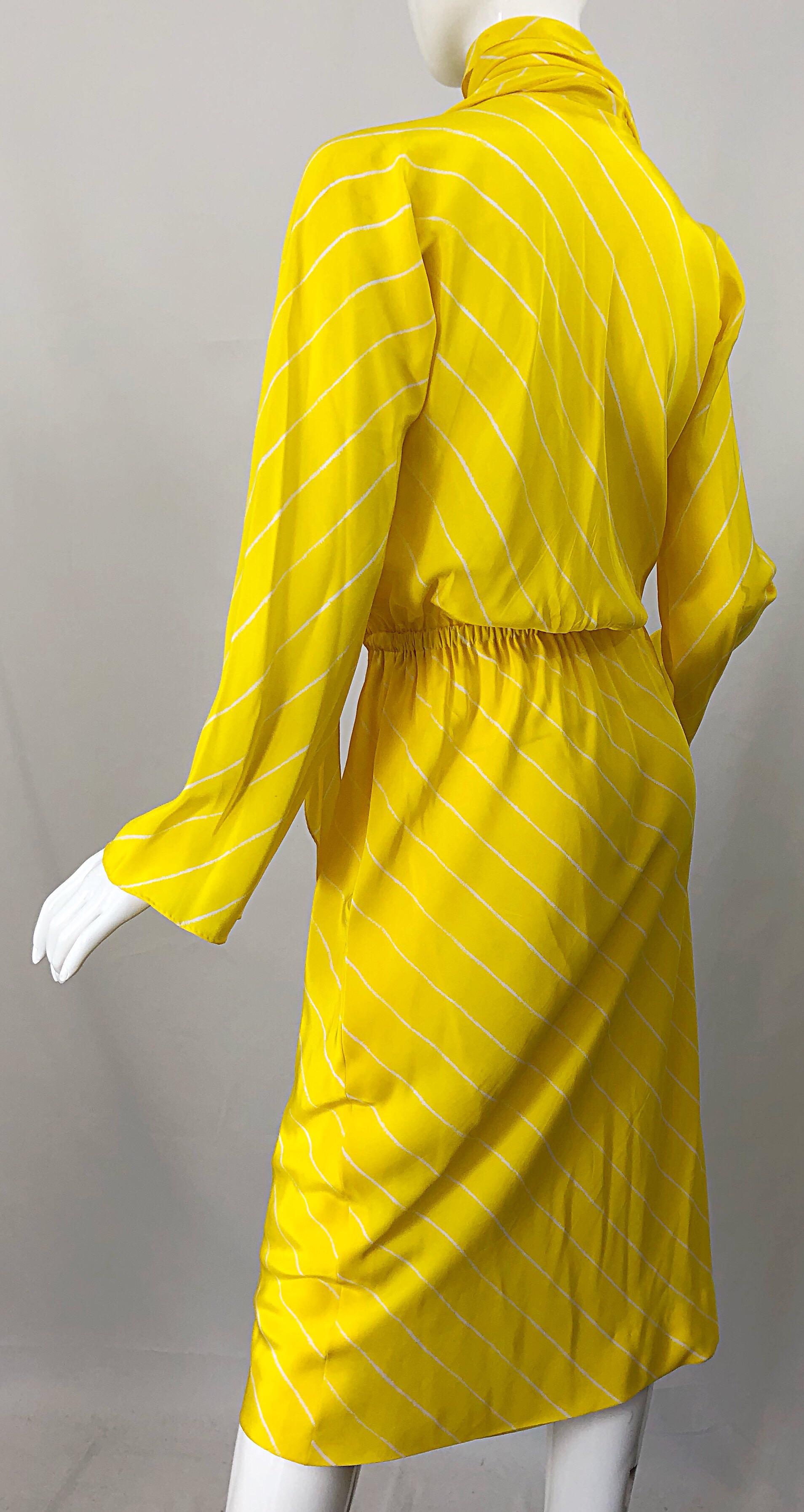 1970s Halston Canary Yellow + White Chevron Striped Bell Sleeve 70s Scarf Dress 2