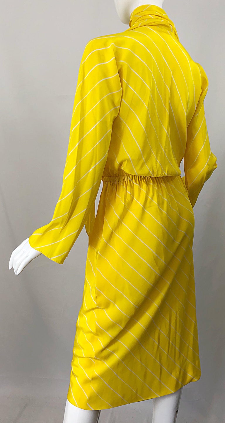 1970s Halston Canary Yellow + White Chevron Striped Bell Sleeve 70s Scarf Dress For Sale 5