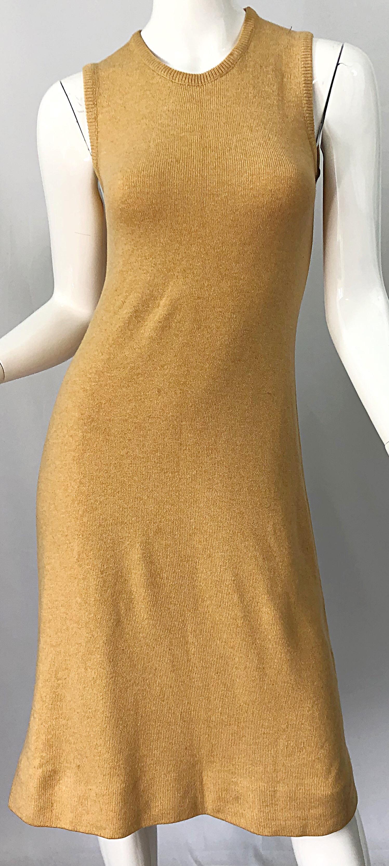 1970s HALSTON Cashmere Camel Tan 70s Vintage Dress and Cardigan Sweater Jacket For Sale 3