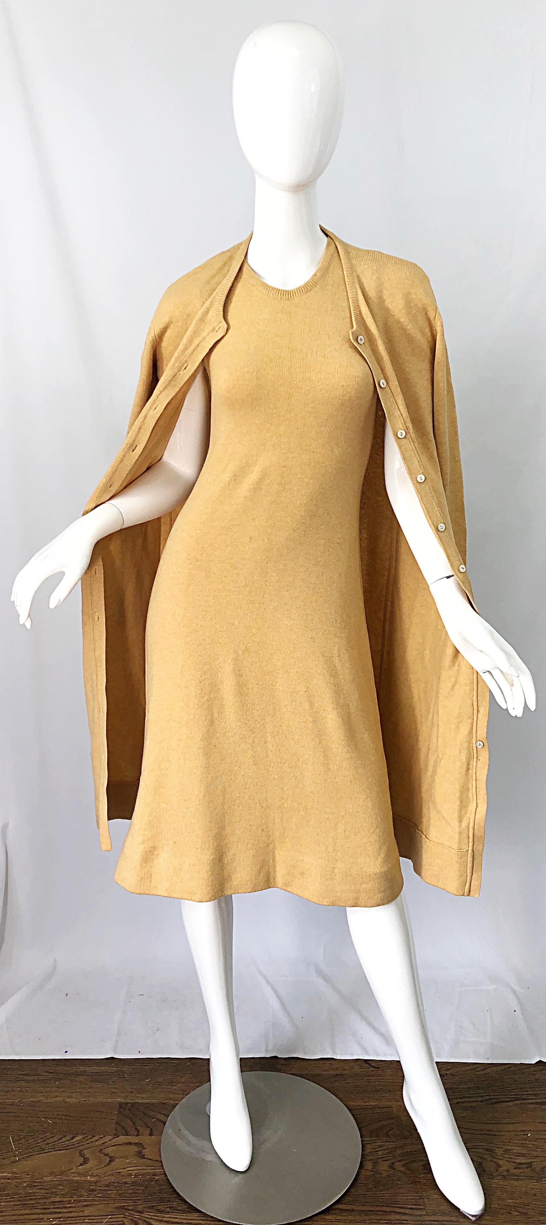 1970s HALSTON Cashmere Camel Tan 70s Vintage Dress and Cardigan Sweater Jacket For Sale 4