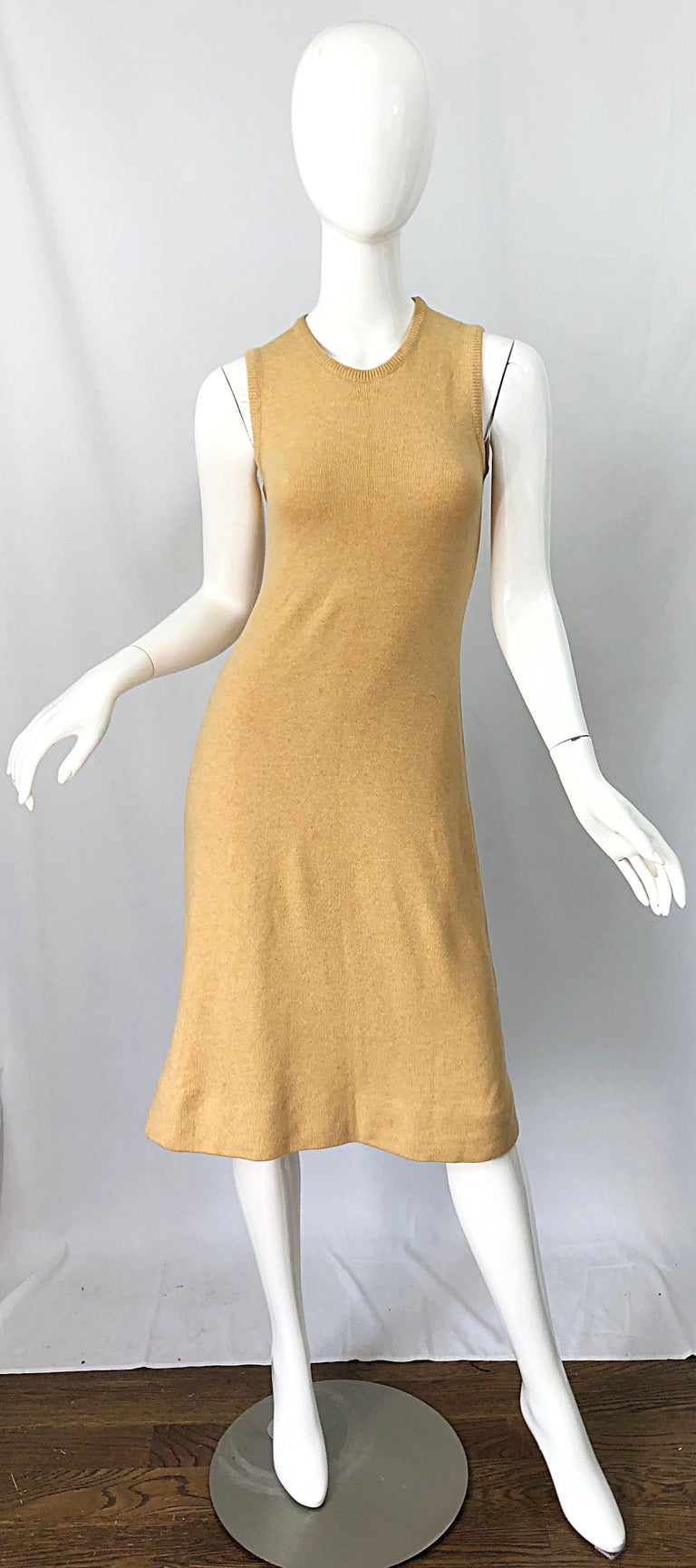 1970s HALSTON Cashmere Camel Tan 70s Vintage Dress and Cardigan Sweater Jacket In Excellent Condition For Sale In San Diego, CA