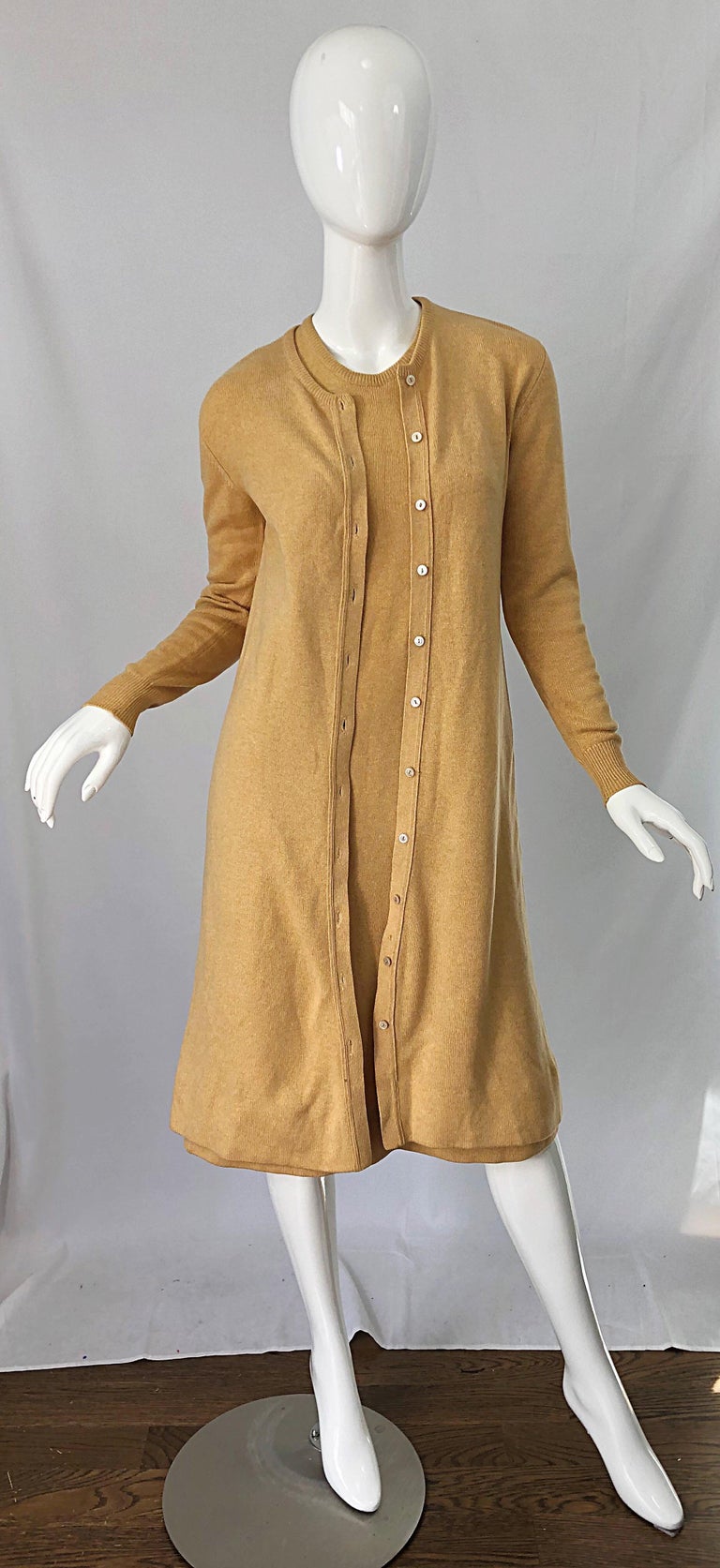 Women's 1970s HALSTON Cashmere Camel Tan 70s Vintage Dress and Cardigan Sweater Jacket For Sale