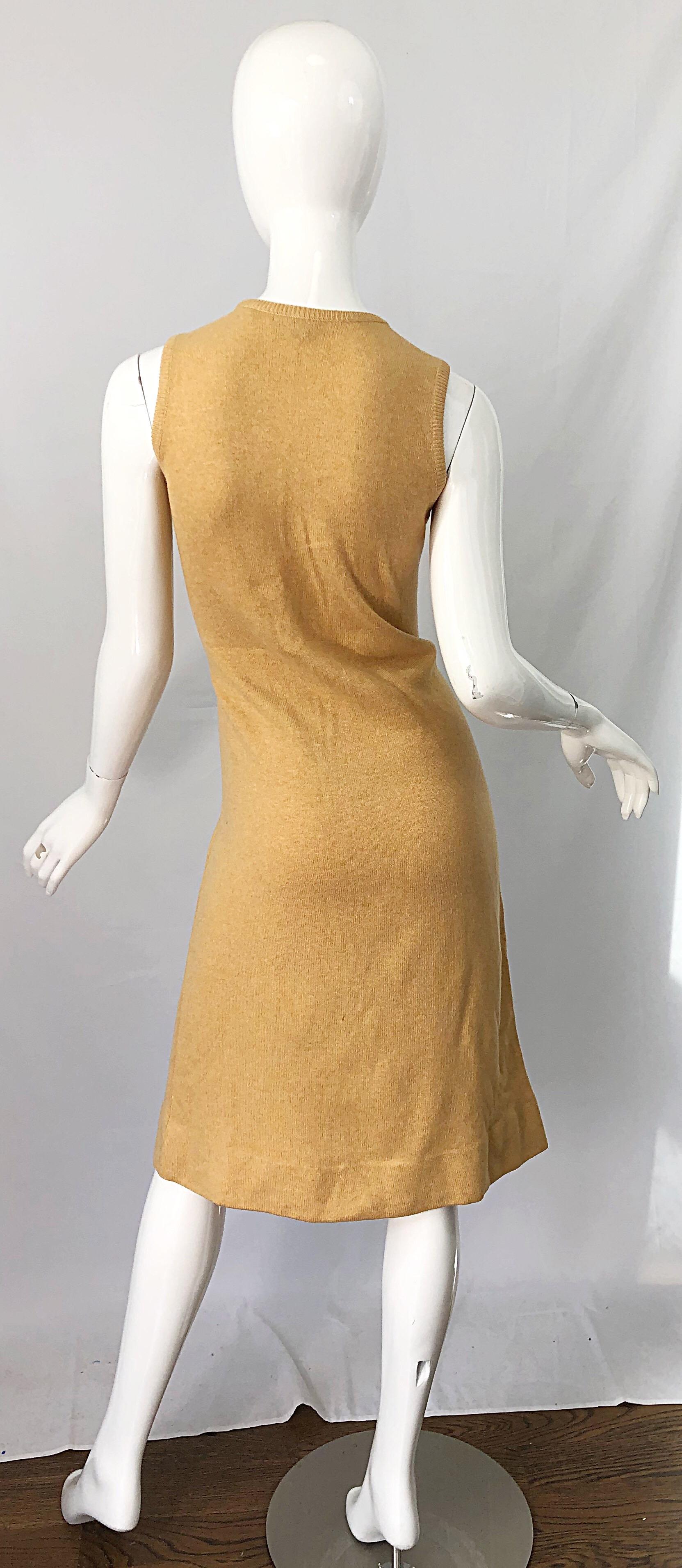 Brown 1970s HALSTON Cashmere Camel Tan 70s Vintage Dress and Cardigan Sweater Jacket For Sale