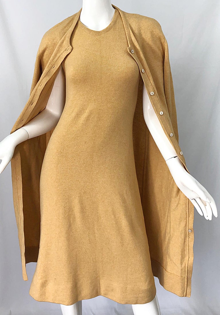 1970s HALSTON Cashmere Camel Tan 70s Vintage Dress and Cardigan Sweater Jacket For Sale 3
