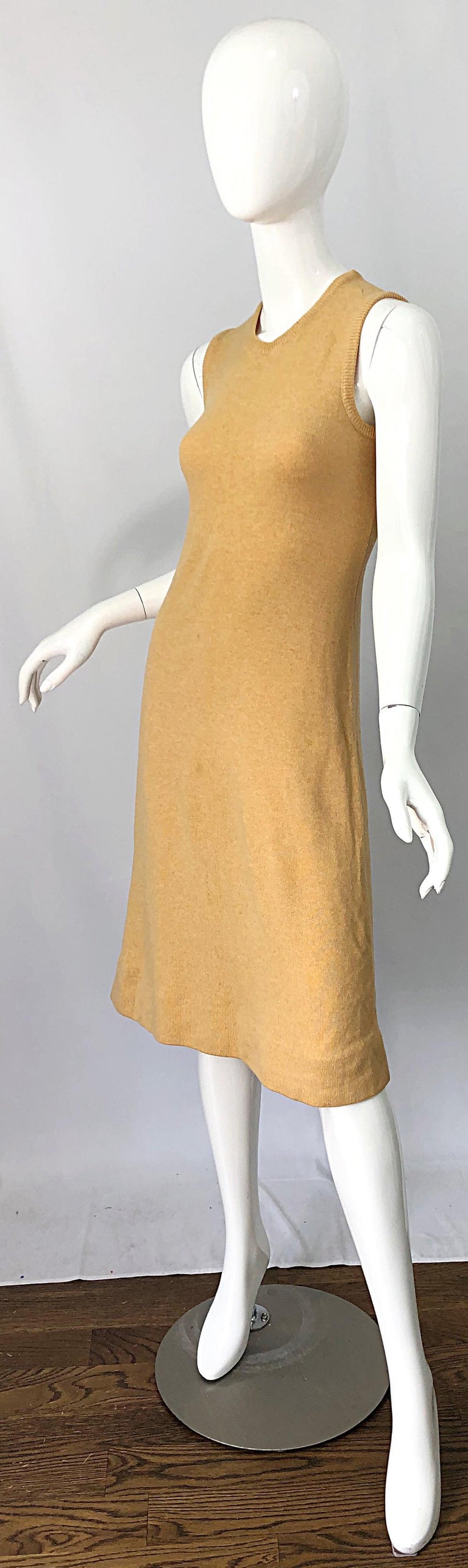 1970s HALSTON Cashmere Camel Tan 70s Vintage Dress and Cardigan Sweater Jacket For Sale 4