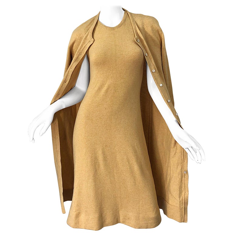 1970s HALSTON Cashmere Camel Tan 70s Vintage Dress and Cardigan Sweater Jacket For Sale
