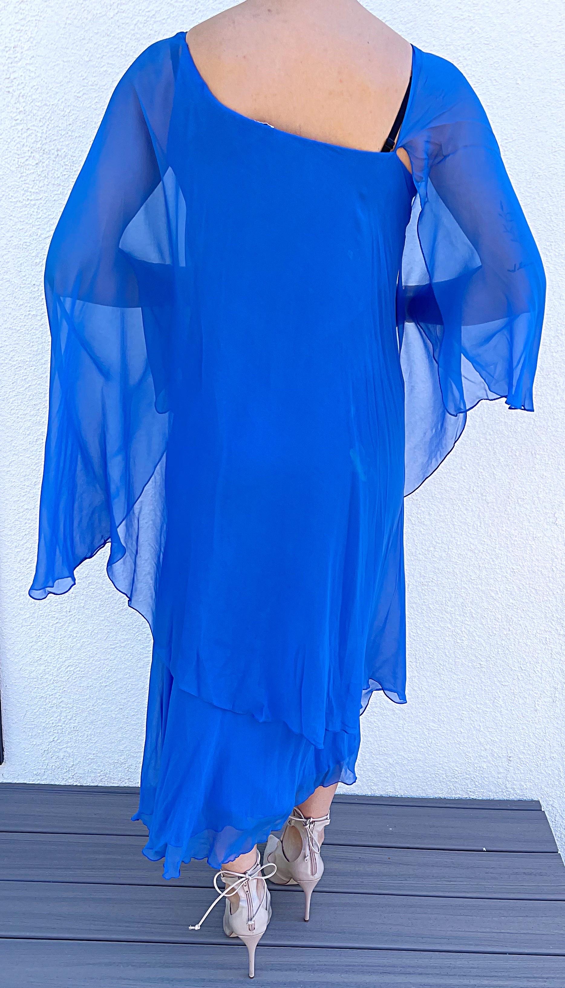 1970er Halston Cerulean Blau Seide Chiffon Blau Größe 6 / 8 70er Göttin Kleid im Angebot 7