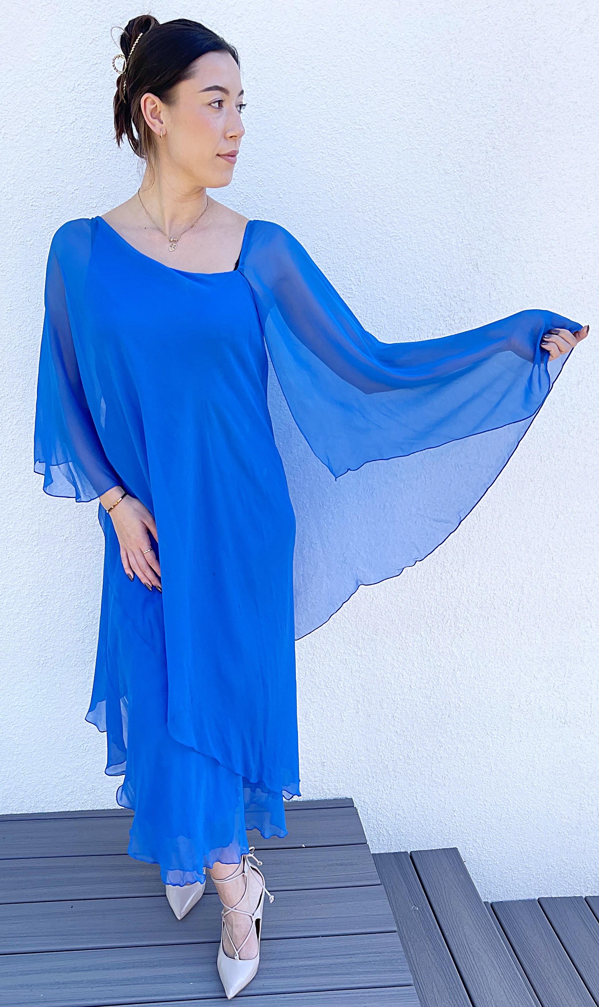 1970s Halston Cerulean Blue Silk Chiffon Blue Size 6 / 8 70s Goddess Gown Dress For Sale 8