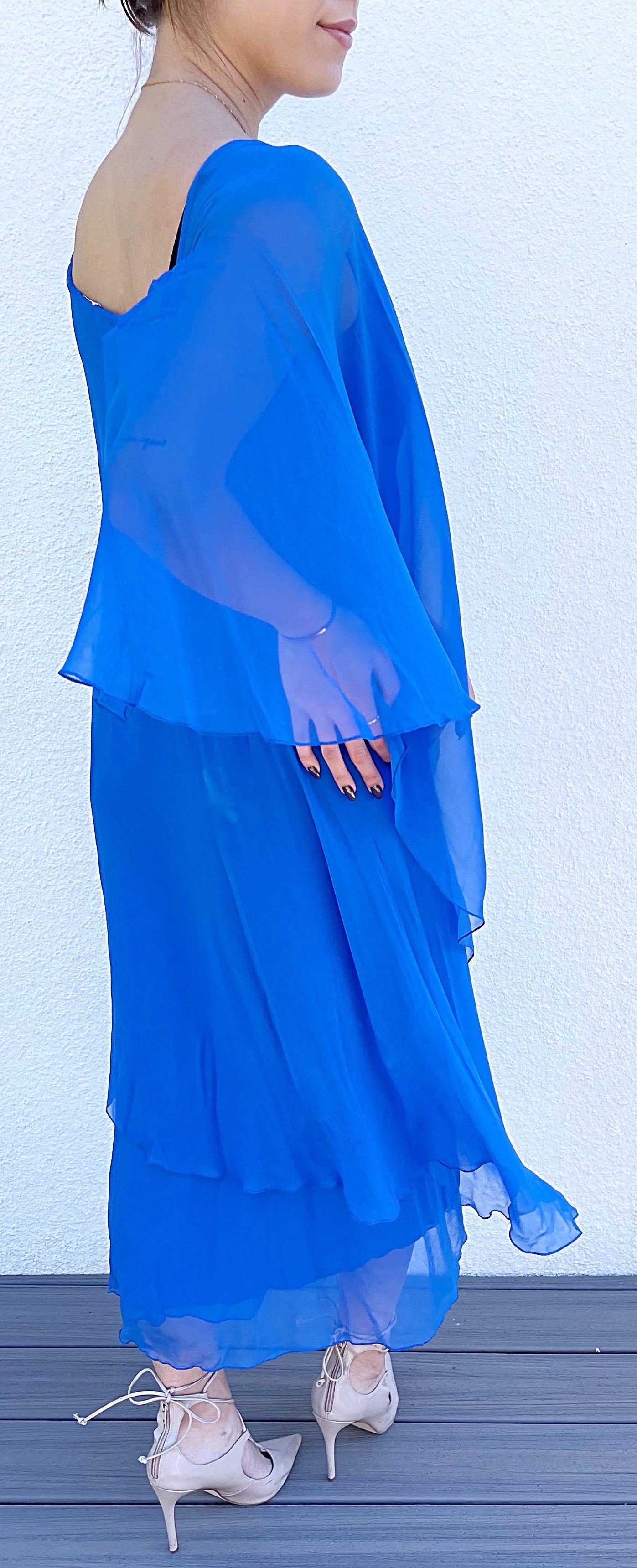 1970s Halston Cerulean Blue Silk Chiffon Blue Size 6 / 8 70s Goddess Gown Dress For Sale 9
