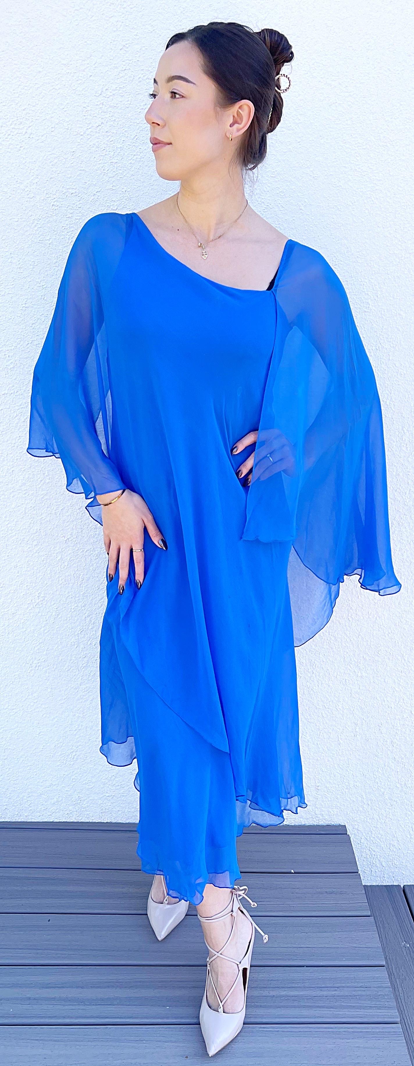 1970er Halston Cerulean Blau Seide Chiffon Blau Größe 6 / 8 70er Göttin Kleid im Angebot 11