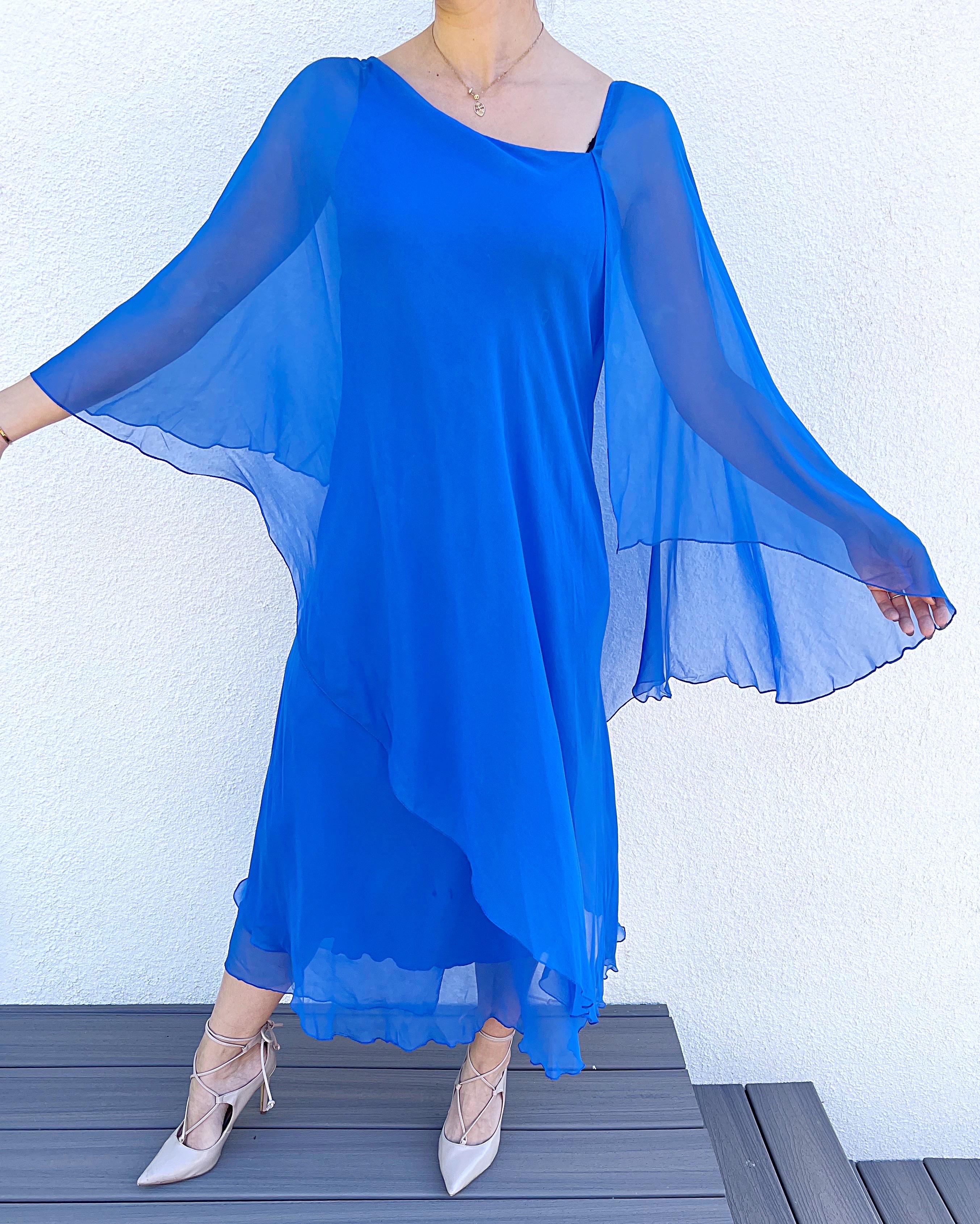1970s Halston Cerulean Blue Silk Chiffon Blue Size 6 / 8 70s Goddess Gown Dress For Sale 12