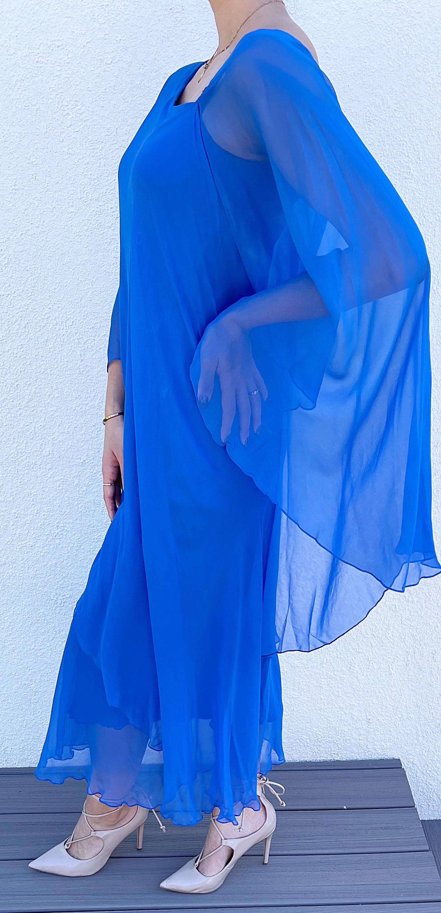 1970s Halston Cerulean Blue Silk Chiffon Blue Size 6 / 8 70s Goddess Gown Dress For Sale 1