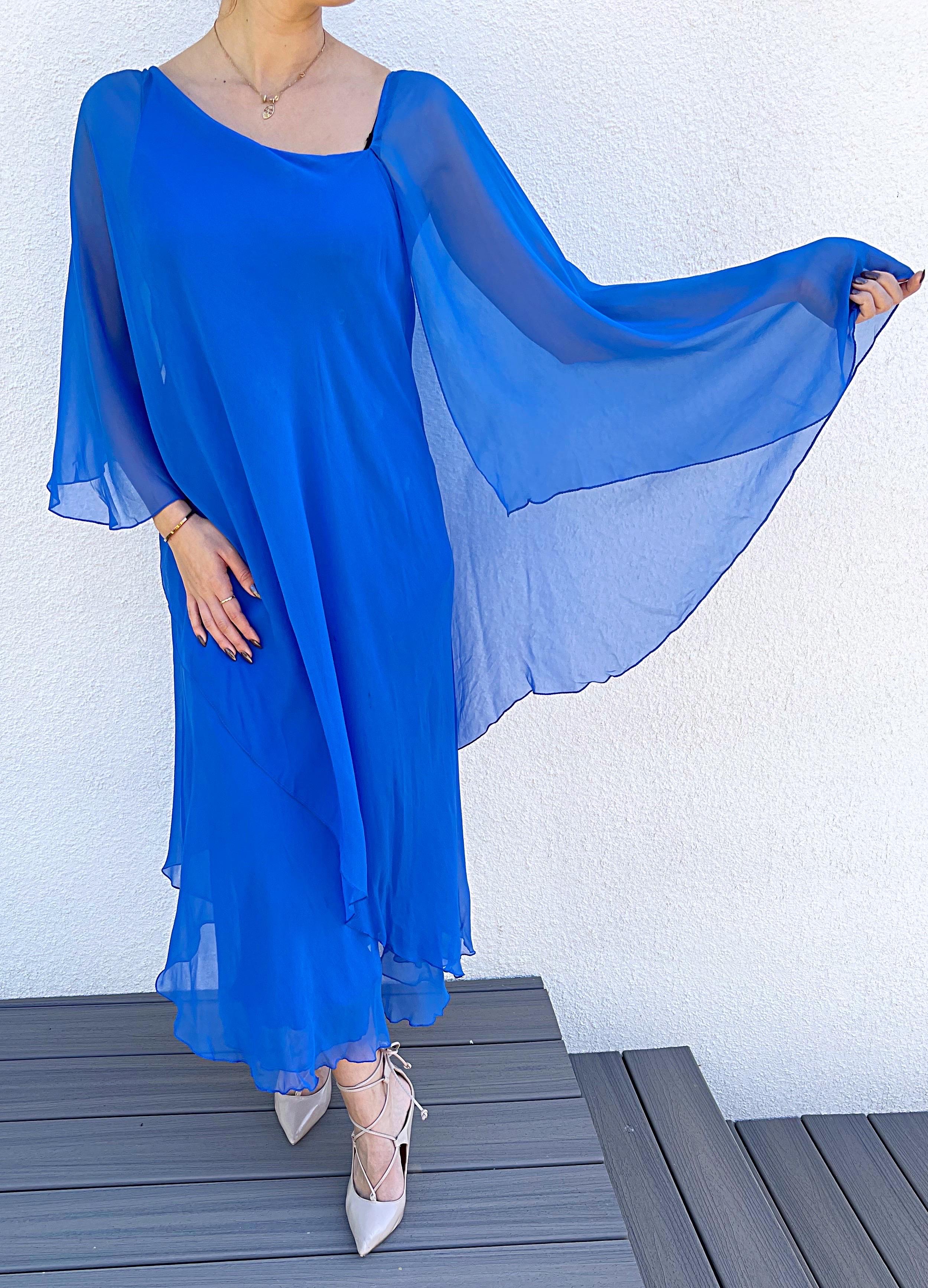 1970s Halston Cerulean Blue Silk Chiffon Blue Size 6 / 8 70s Goddess Gown Dress For Sale 2