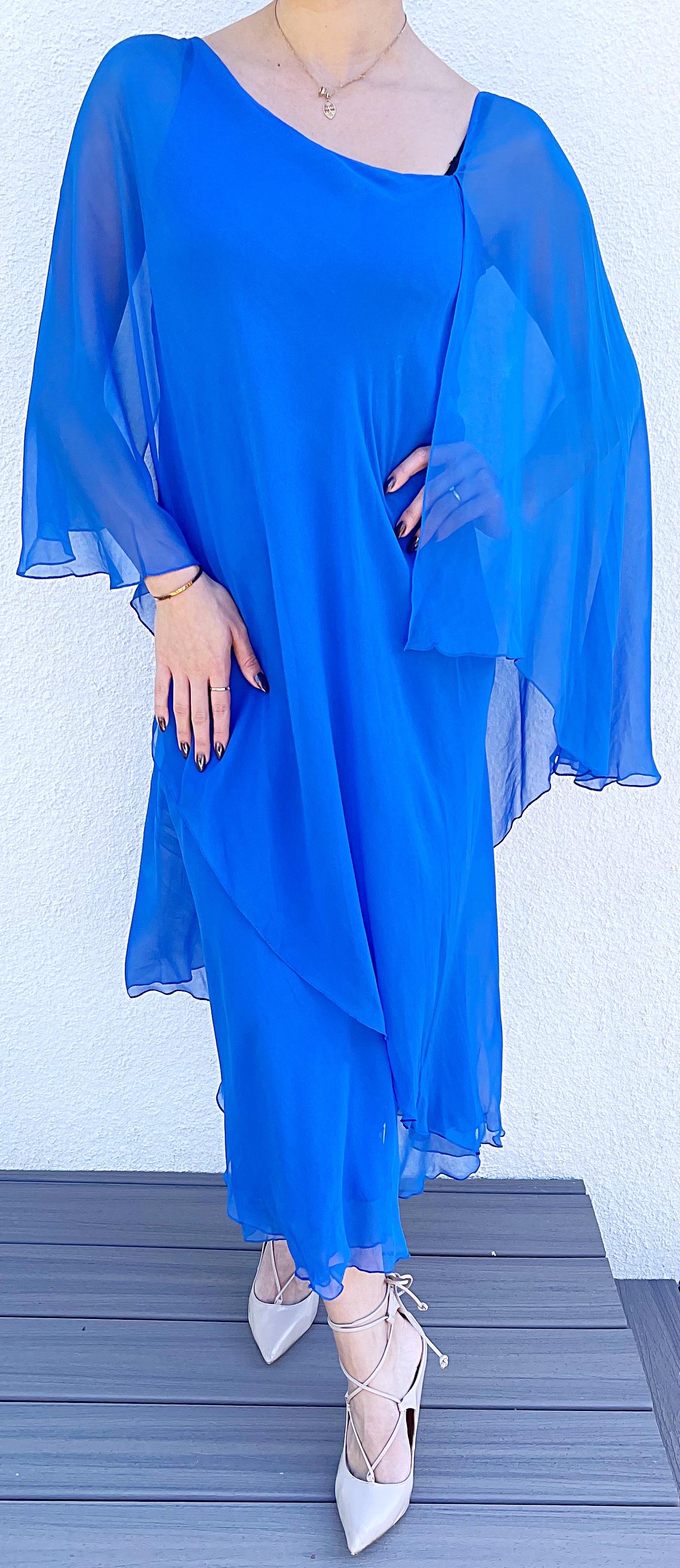 1970s Halston Cerulean Blue Silk Chiffon Blue Size 6 / 8 70s Goddess Gown Dress For Sale 3