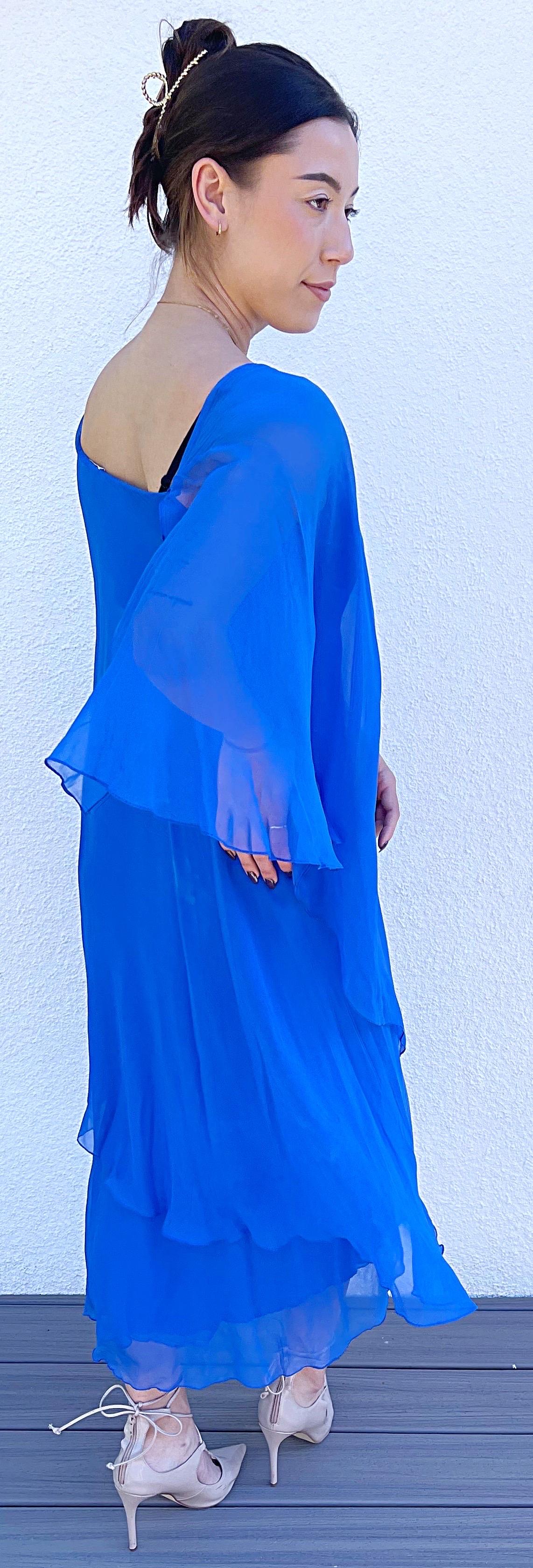 1970er Halston Cerulean Blau Seide Chiffon Blau Größe 6 / 8 70er Göttin Kleid im Angebot 5