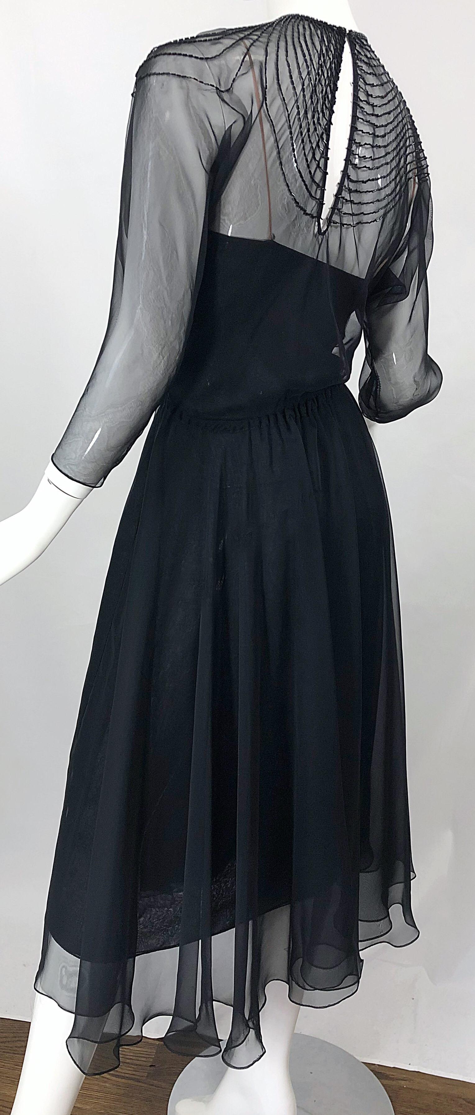 Women's 1970s Halston Couture Black Silk Chiffon Beaded Long Sleeve Vintage 70s Dress For Sale