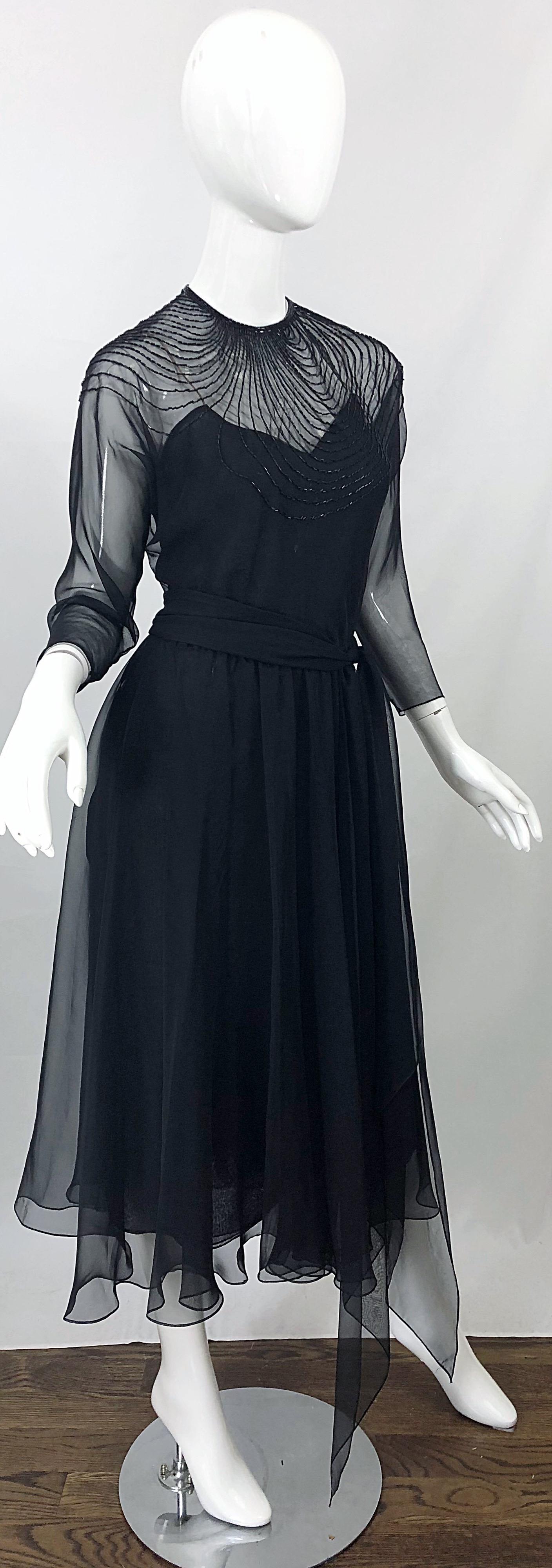 1970s Halston Couture Black Silk Chiffon Beaded Long Sleeve Vintage 70s Dress For Sale 4