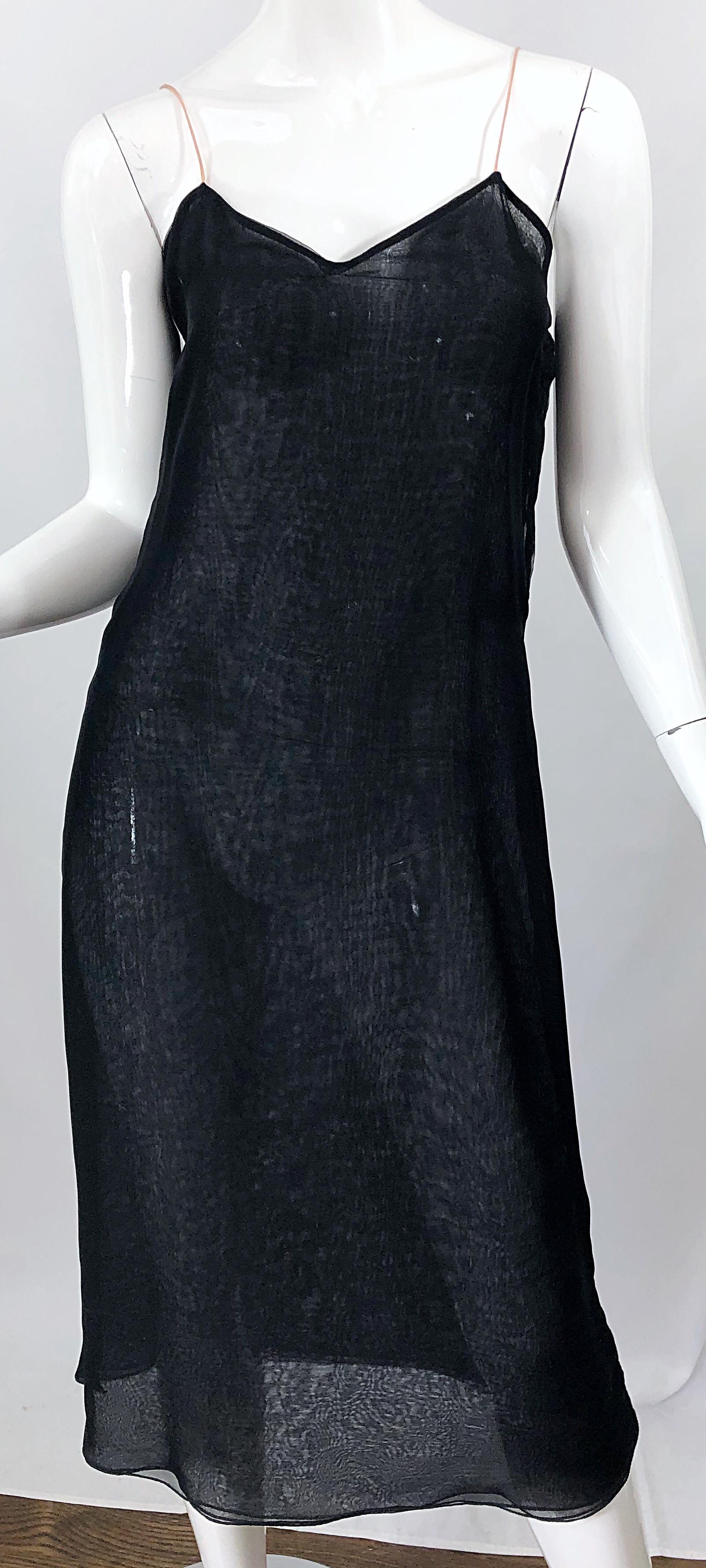 1970s Halston Couture Black Silk Chiffon Beaded Long Sleeve Vintage 70s Dress For Sale 2