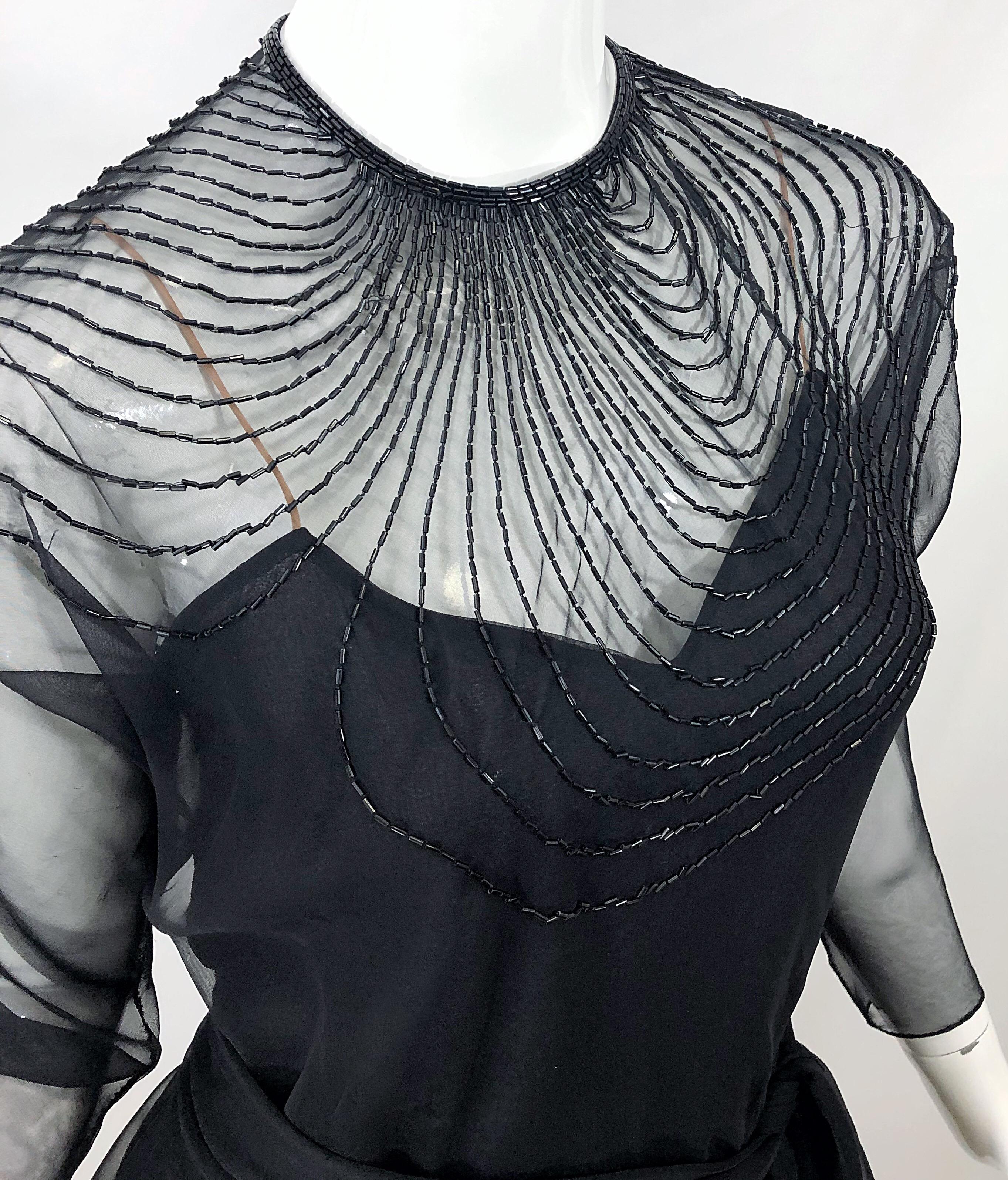 1970s Halston Couture Black Silk Chiffon Beaded Long Sleeve Vintage 70s Dress For Sale 6