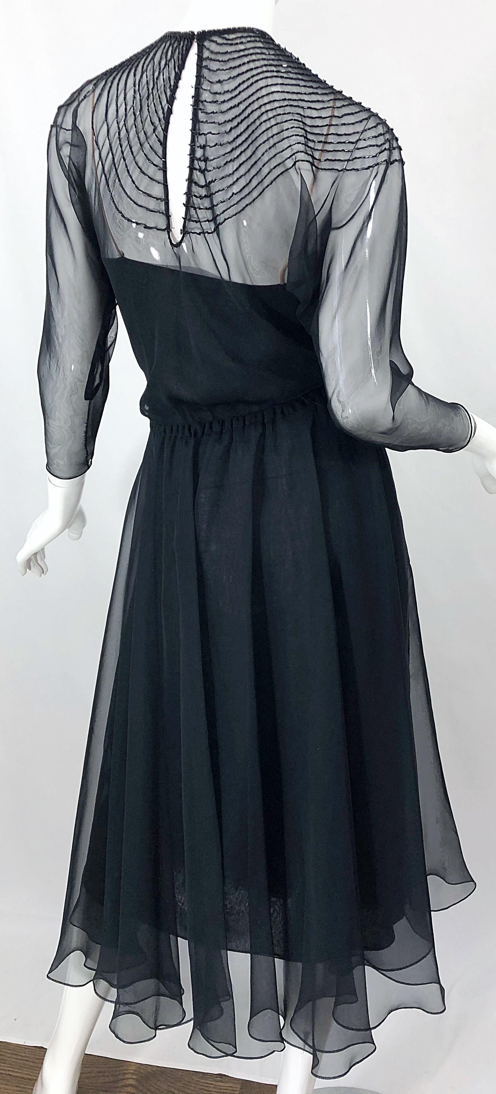 1970s Halston Couture Black Silk Chiffon Beaded Long Sleeve Vintage 70s Dress en vente 5