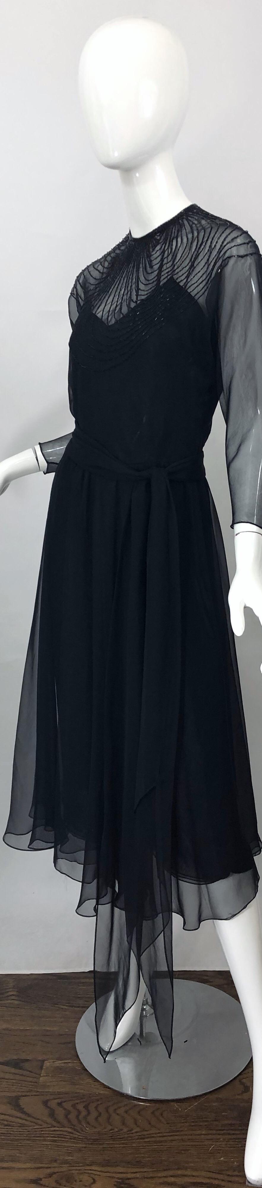 1970s Halston Couture Black Silk Chiffon Beaded Long Sleeve Vintage 70s Dress For Sale 7