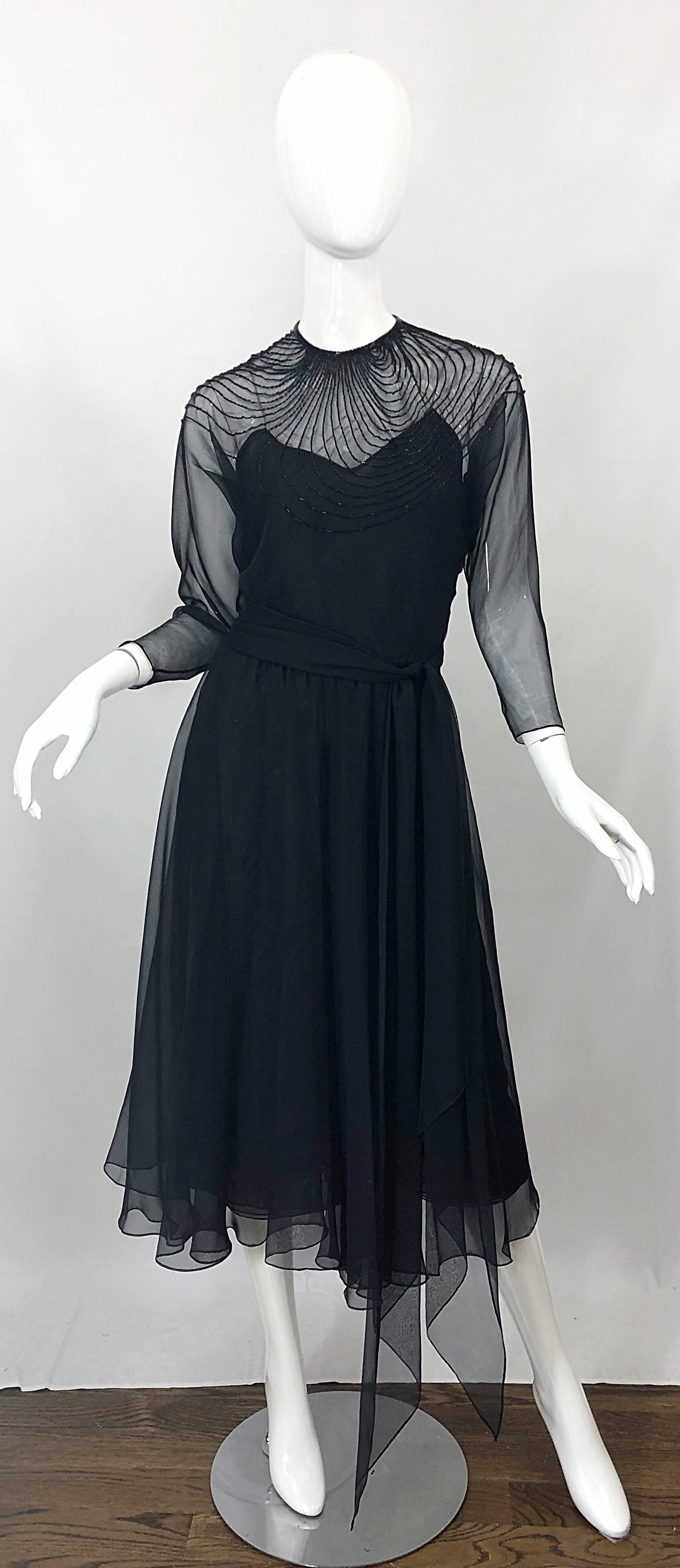 1970s Halston Couture Black Silk Chiffon Beaded Long Sleeve Vintage 70s Dress For Sale 8