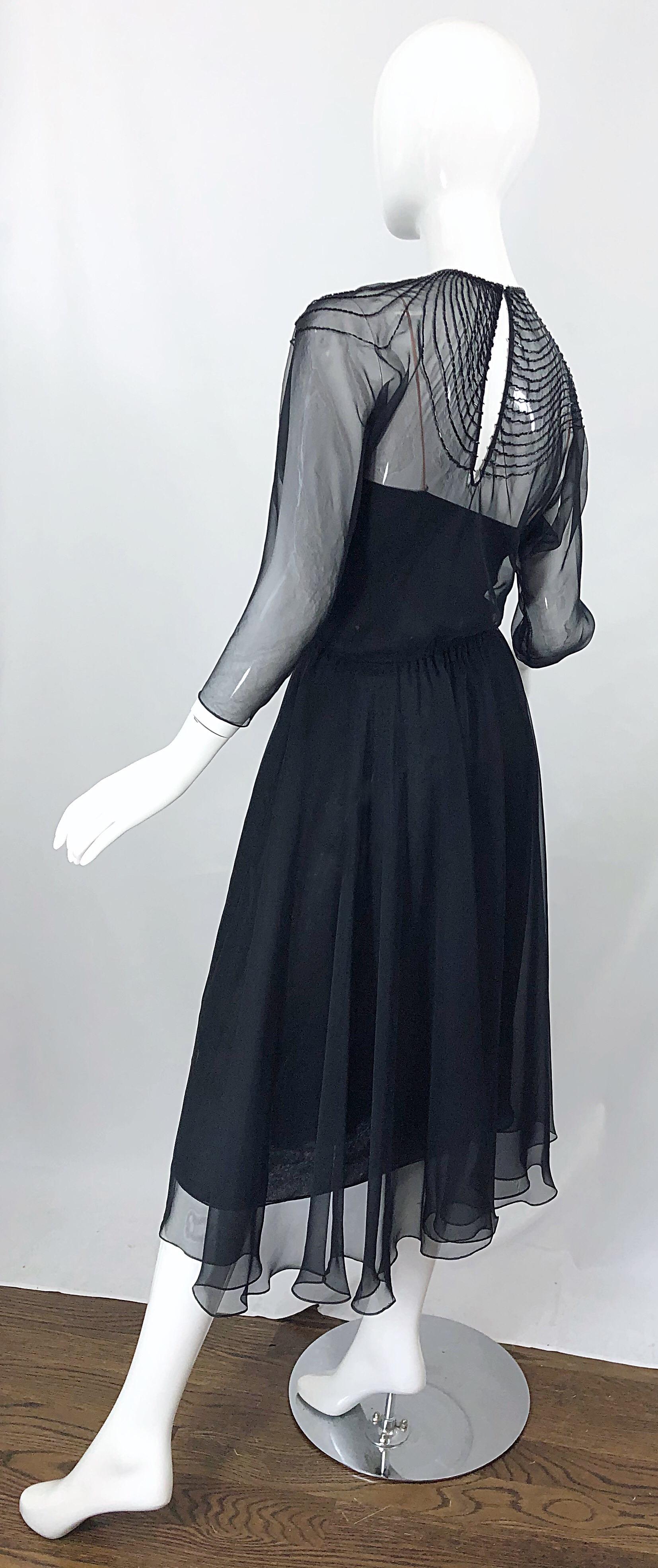 1970s Halston Couture Black Silk Chiffon Beaded Long Sleeve Vintage 70s Dress For Sale 5