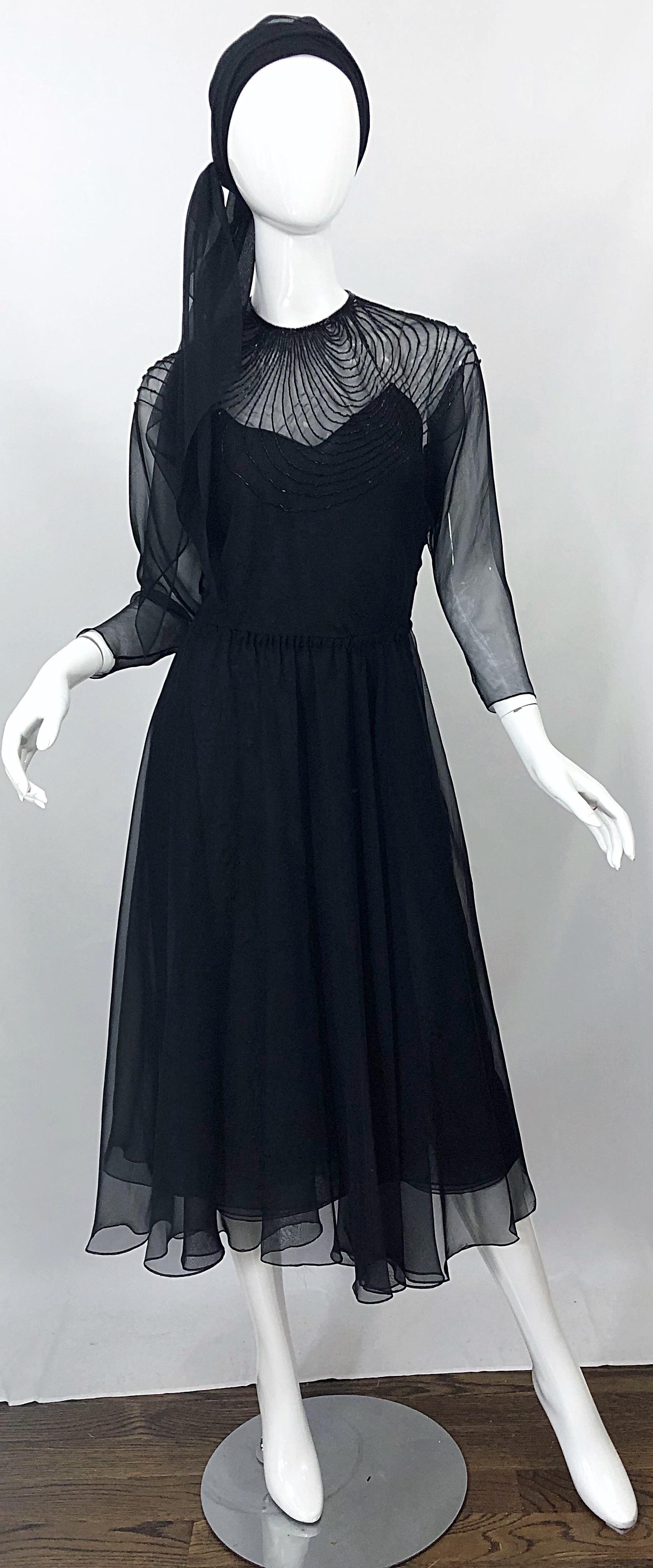 1970s Halston Couture Black Silk Chiffon Beaded Long Sleeve Vintage 70s Dress For Sale 9