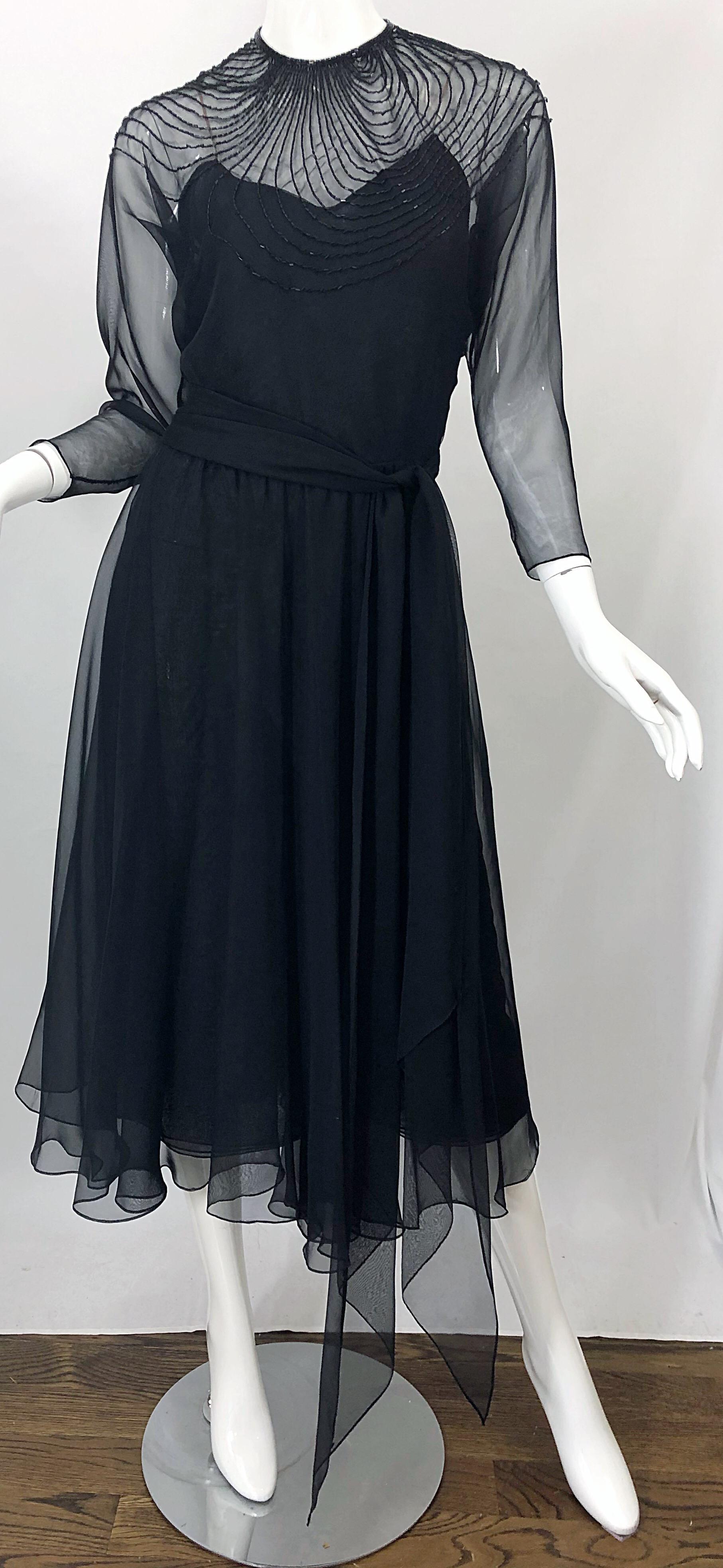 1970s Halston Couture Black Silk Chiffon Beaded Long Sleeve Vintage 70s Dress For Sale 10