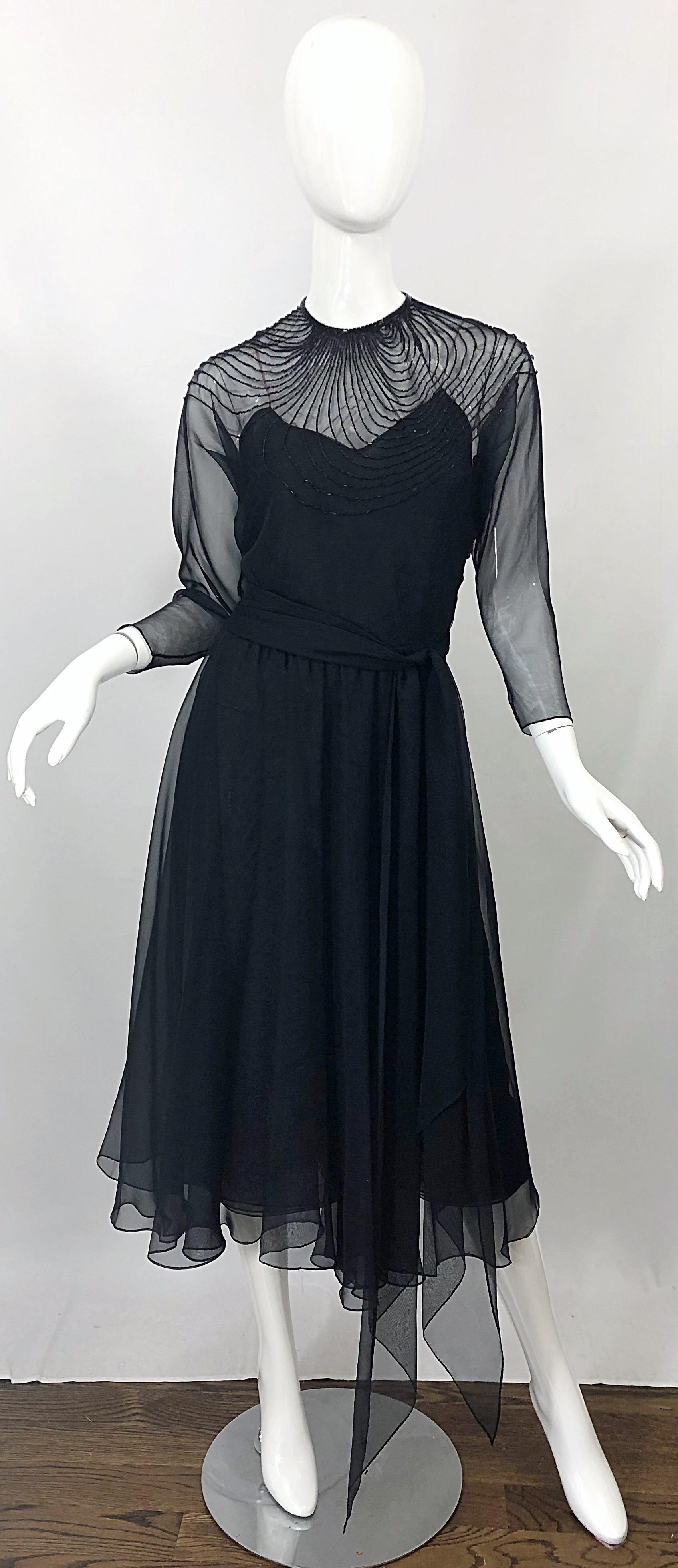 1970s Halston Couture Black Silk Chiffon Beaded Long Sleeve Vintage 70s Dress For Sale 11