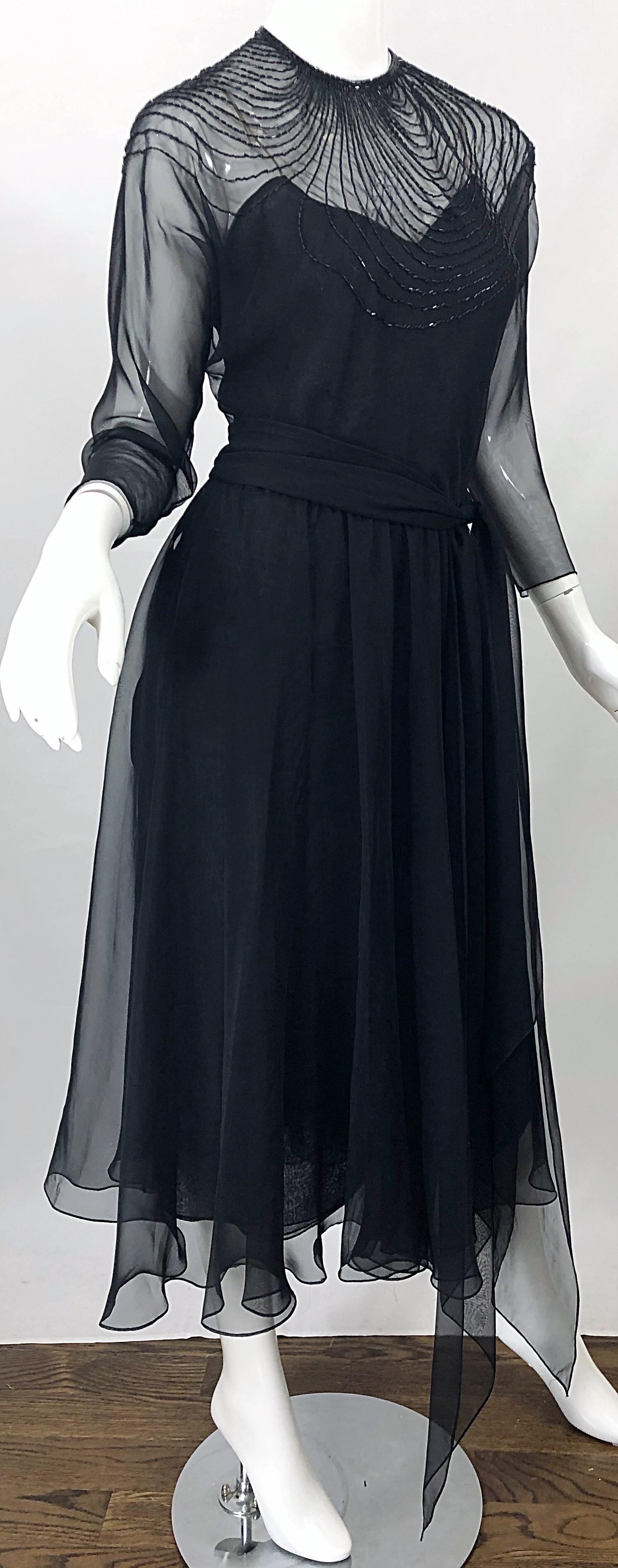 1970s Halston Couture Black Silk Chiffon Beaded Long Sleeve Vintage 70s Dress For Sale 1
