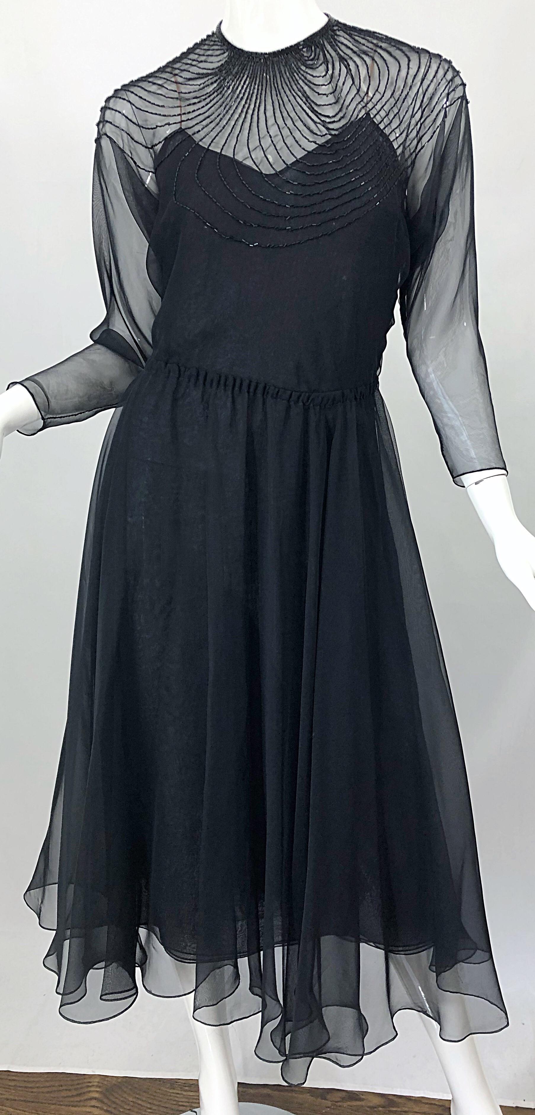 1970s Halston Couture Black Silk Chiffon Beaded Long Sleeve Vintage 70s Dress In Excellent Condition For Sale In San Diego, CA