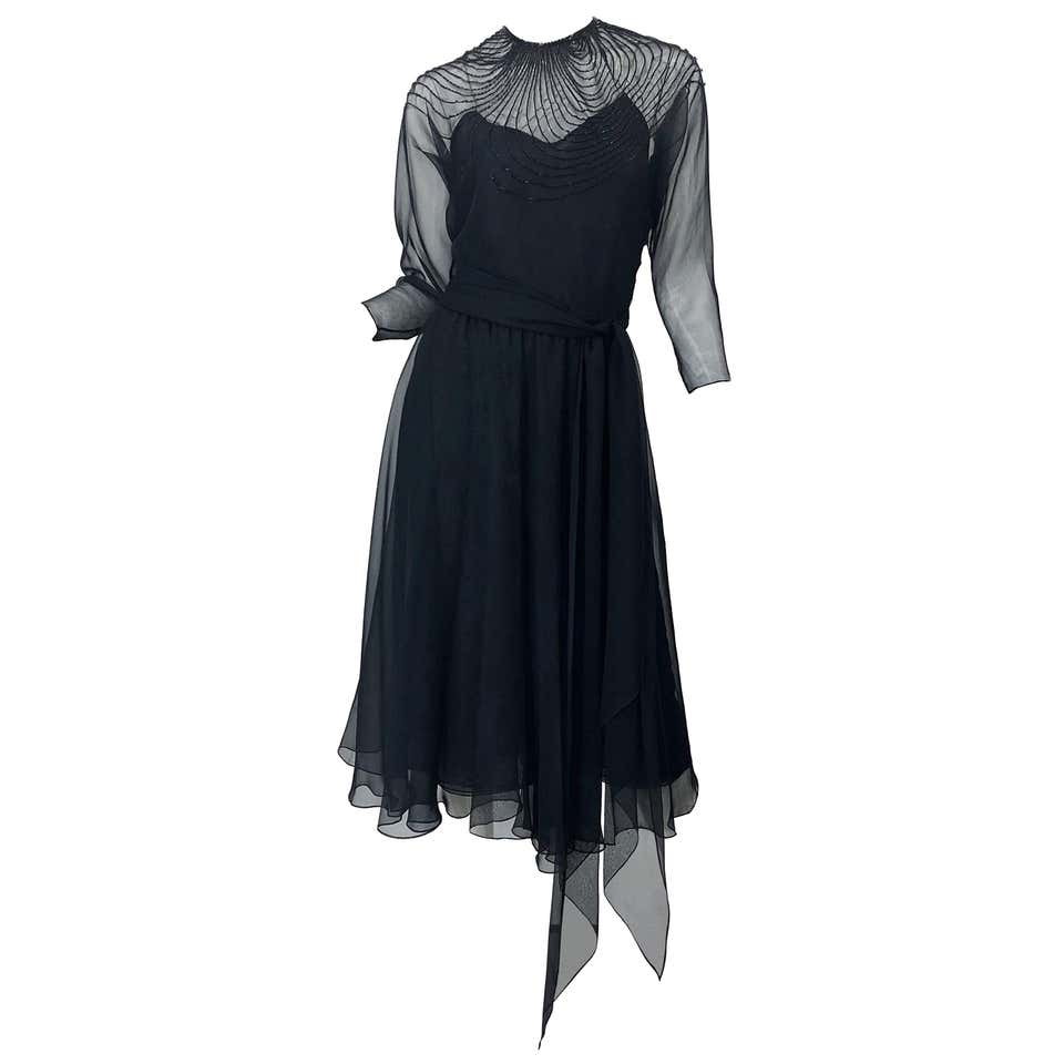 1970s Halston Couture Black Silk Chiffon Beaded Long Sleeve Vintage 70s ...