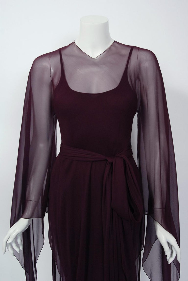 1970's Halston Couture Dark Purple Chiffon Wing Sleeve Bias-Cut Belted ...