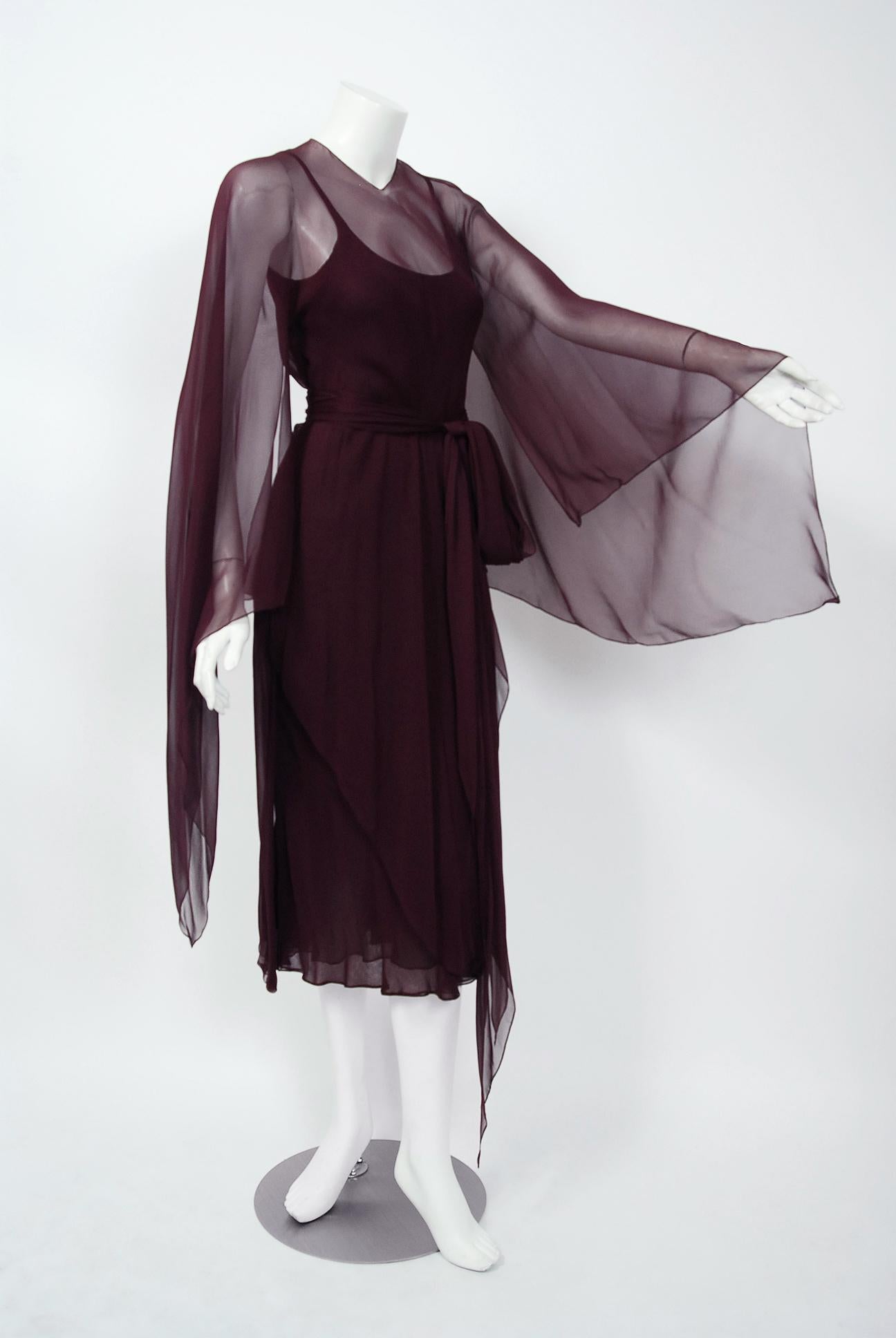 Black 1970's Halston Couture Dark Purple Chiffon Wing Sleeve Bias-Cut Belted Dress
