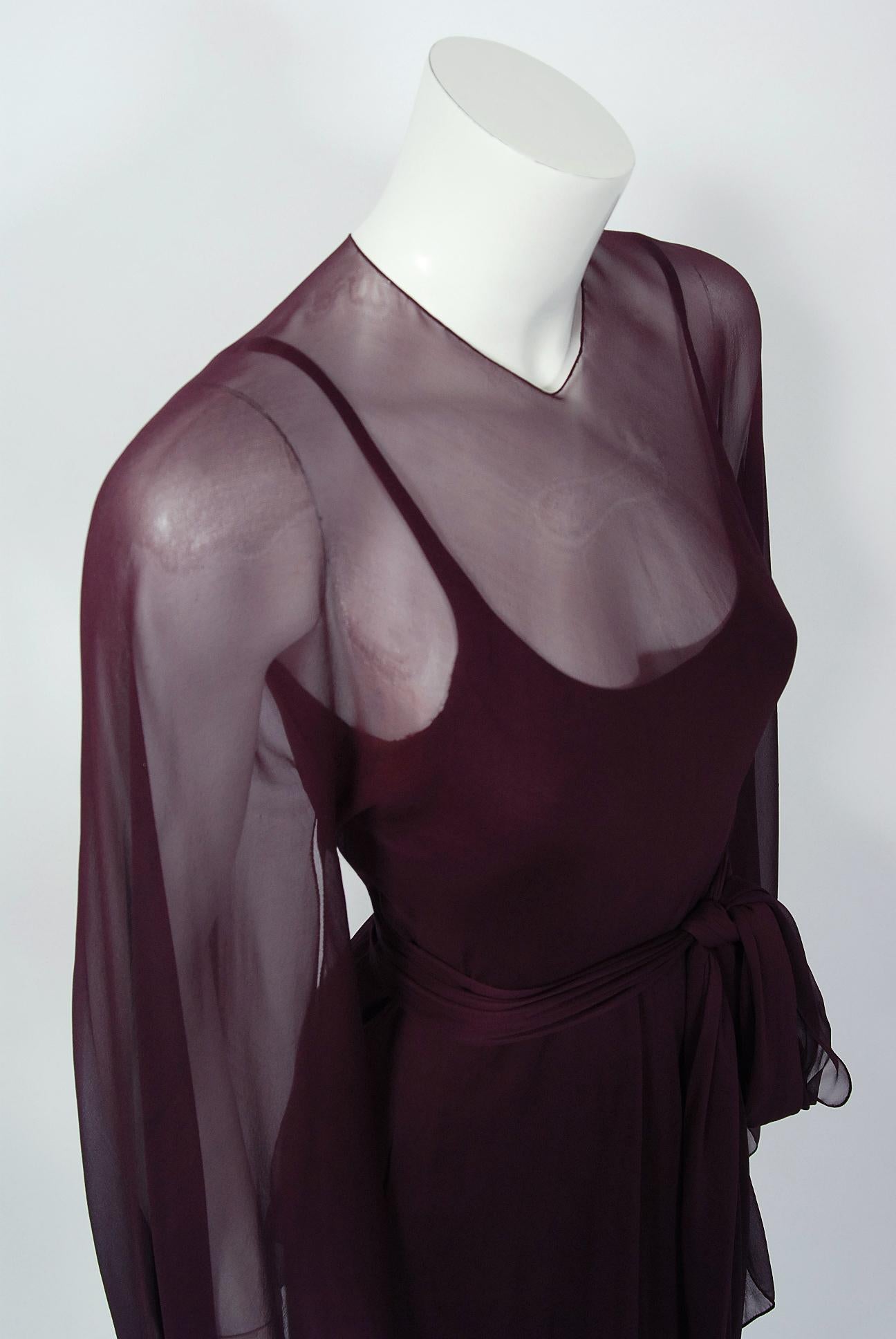 1970's Halston Couture Dark Purple Chiffon Wing Sleeve Bias-Cut Belted Dress In Good Condition In Beverly Hills, CA