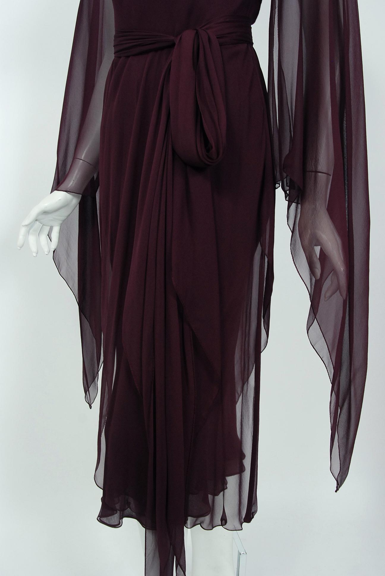 Women's 1970's Halston Couture Dark Purple Chiffon Wing Sleeve Bias-Cut Belted Dress