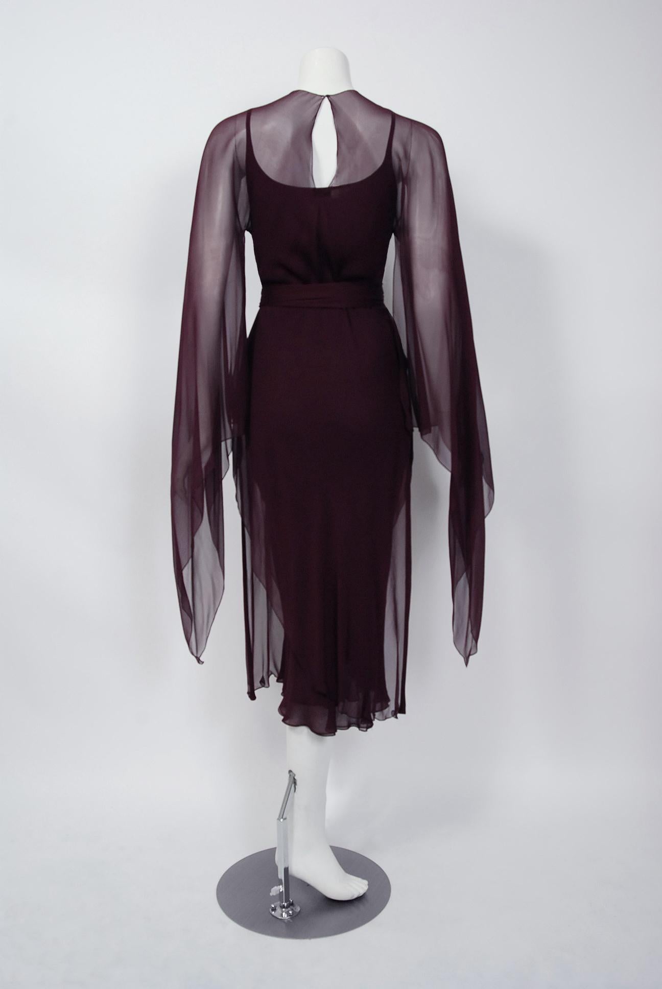 1970's Halston Couture Dark Purple Chiffon Wing Sleeve Bias-Cut Belted Dress 1