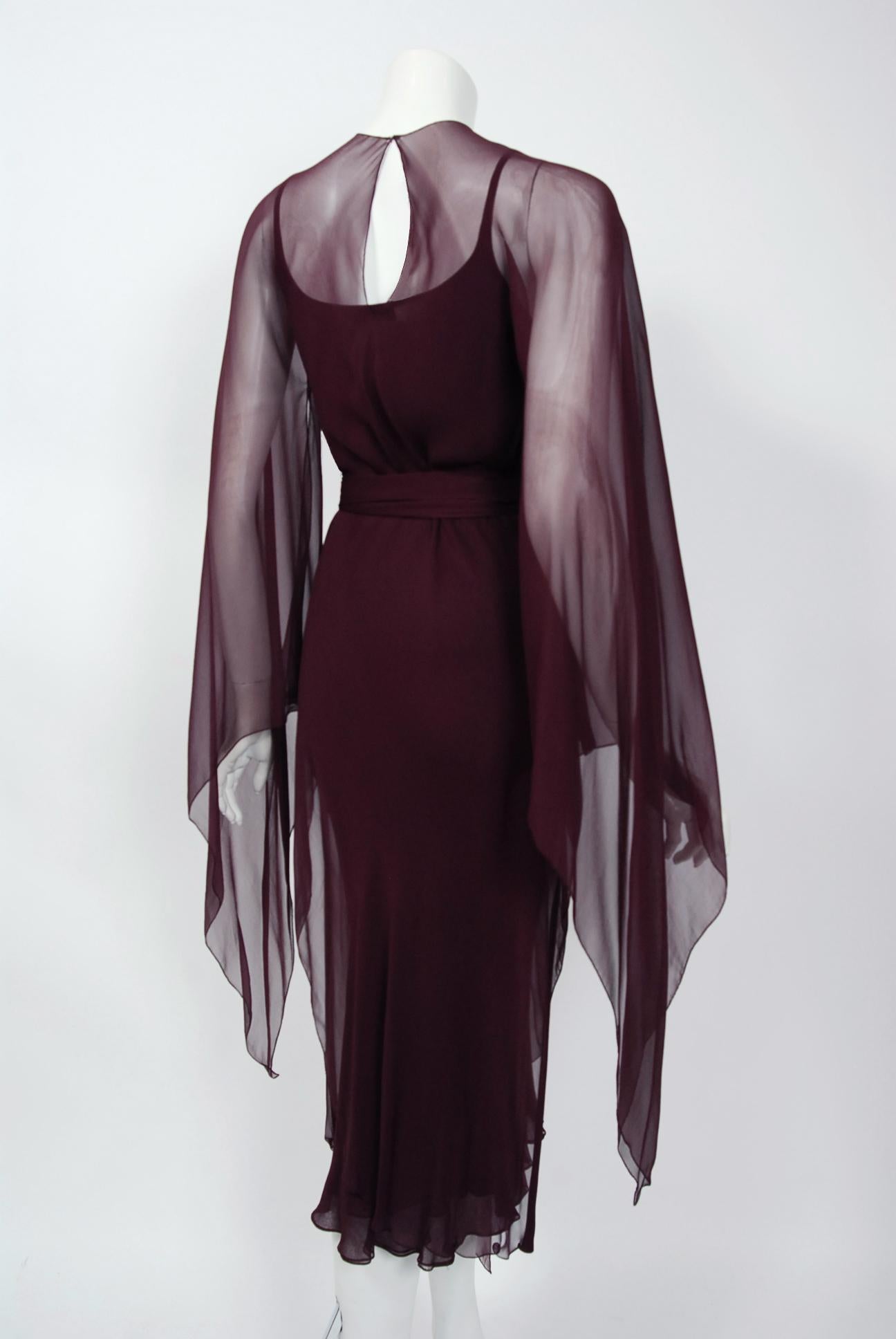 1970's Halston Couture Dark Purple Chiffon Wing Sleeve Bias-Cut Belted Dress 2