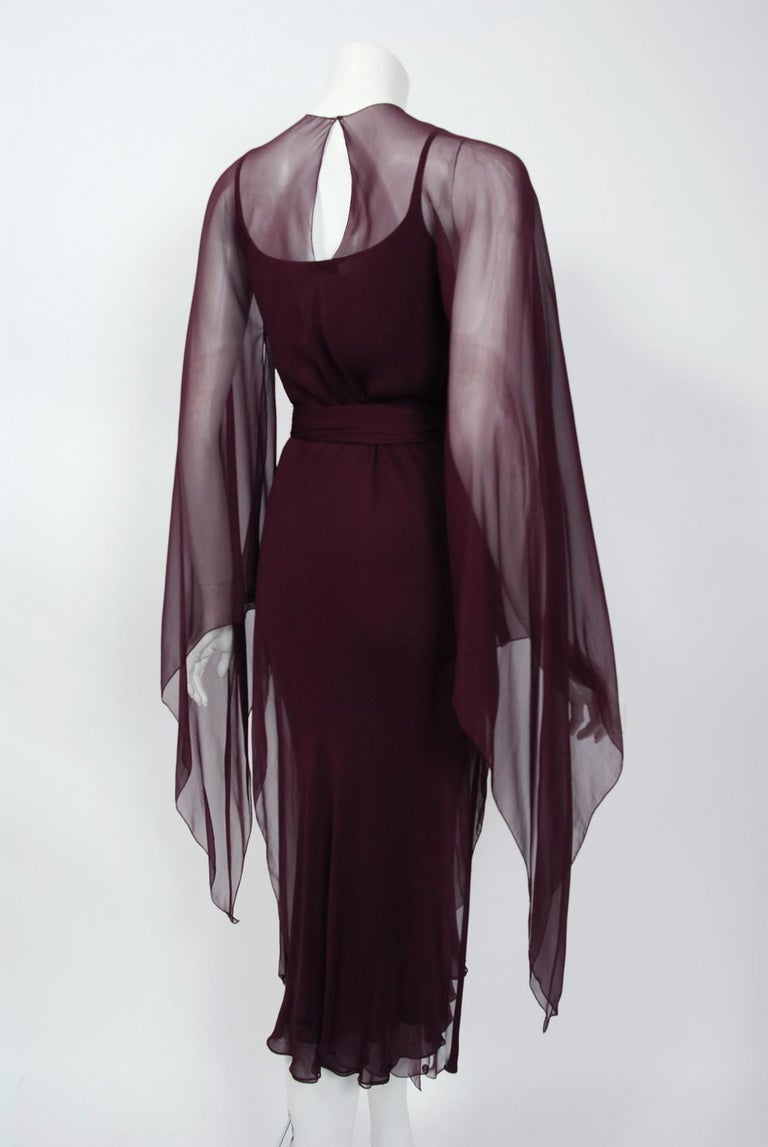 1970's Halston Couture Dark Purple Chiffon Wing Sleeve Bias-Cut Belted ...