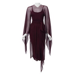 1970's Halston Couture Dark Purple Chiffon Wing Sleeve Bias-Cut Belted Dress