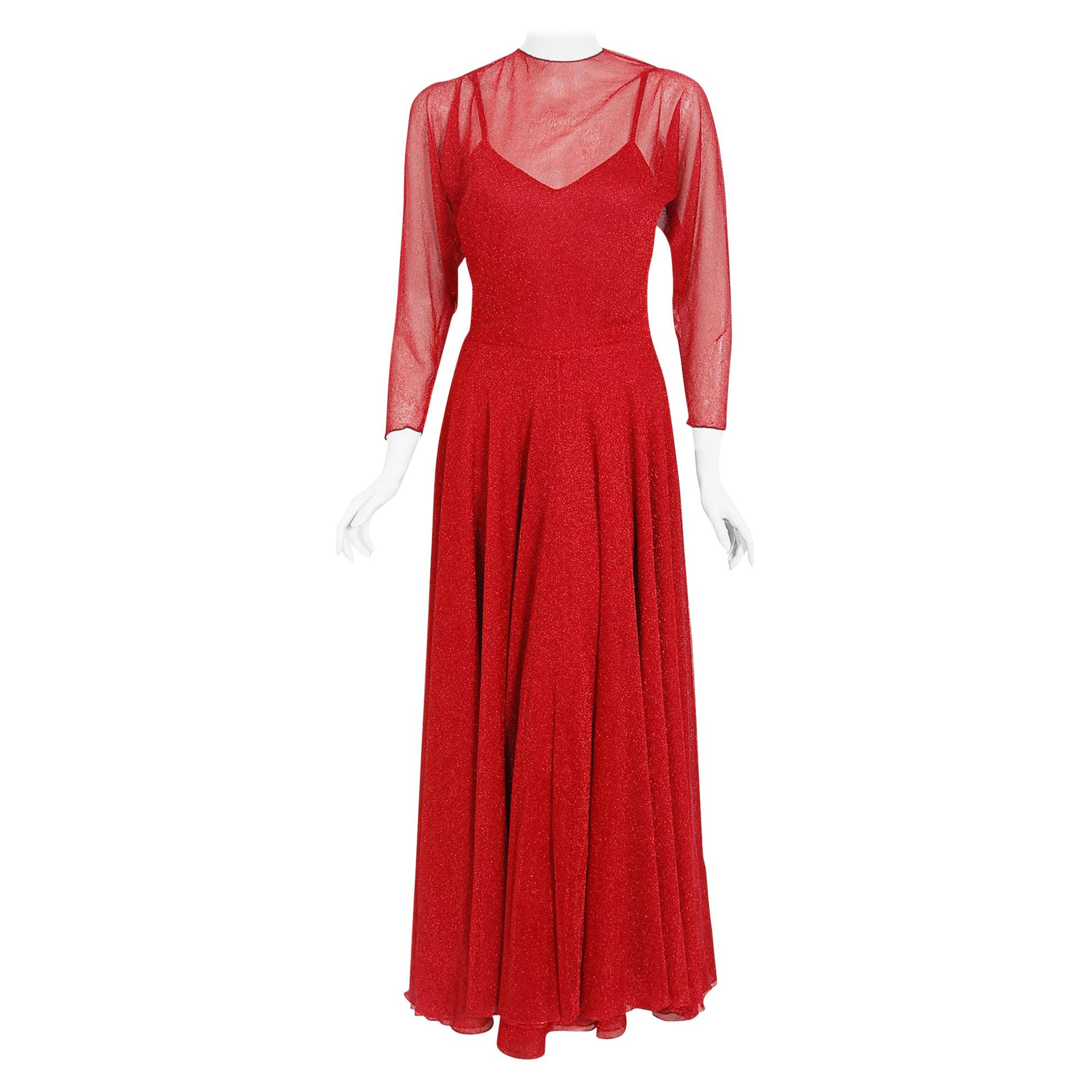 1970er Halston Couture Metallic Rotes langärmeliges Maxikleid aus durchsichtigem Lurex-Strick mit langen Ärmeln im Angebot