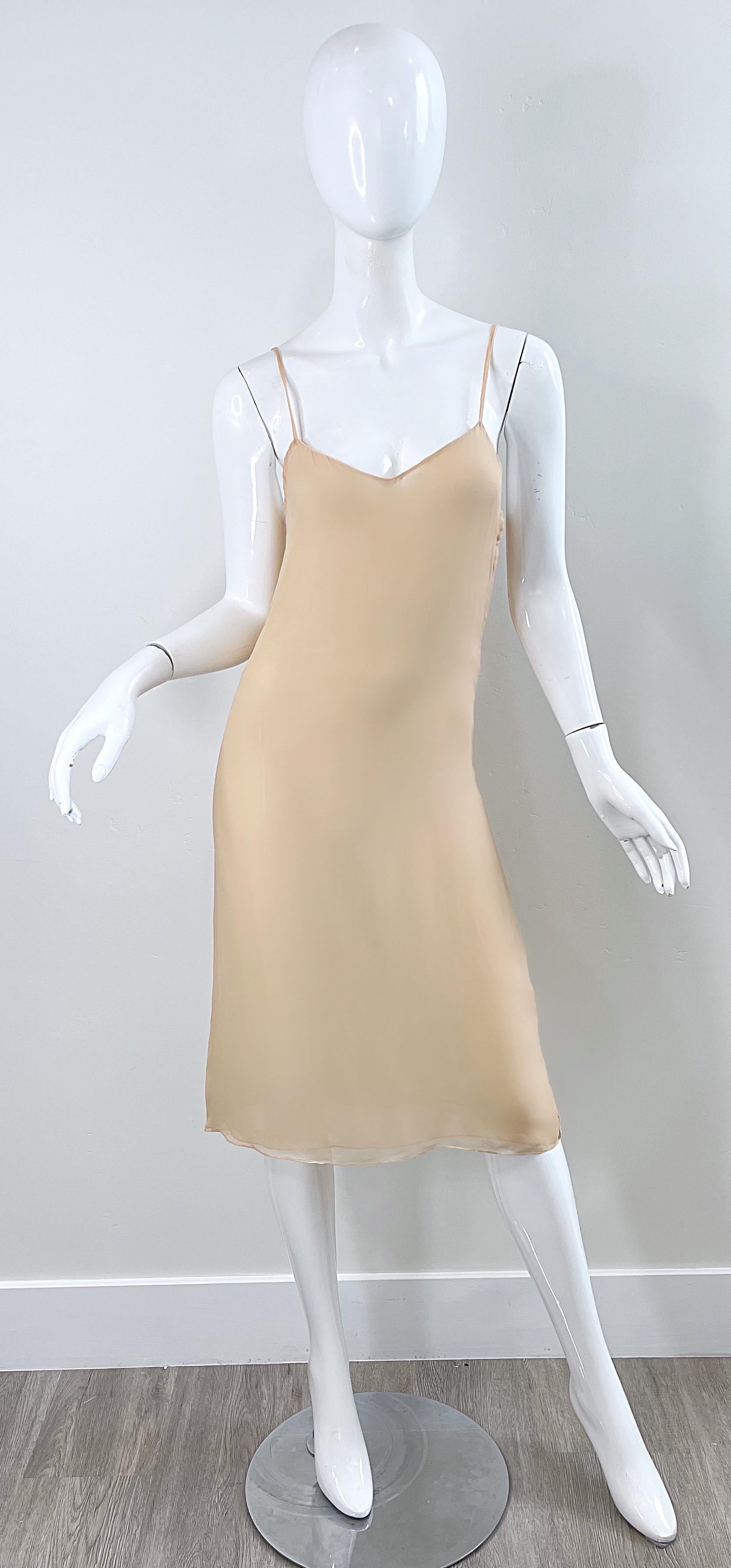 1970s Halston Couture Nude Silk Chiffon Semi Sheer Bias Cut Vintage 70s Dress  For Sale 11