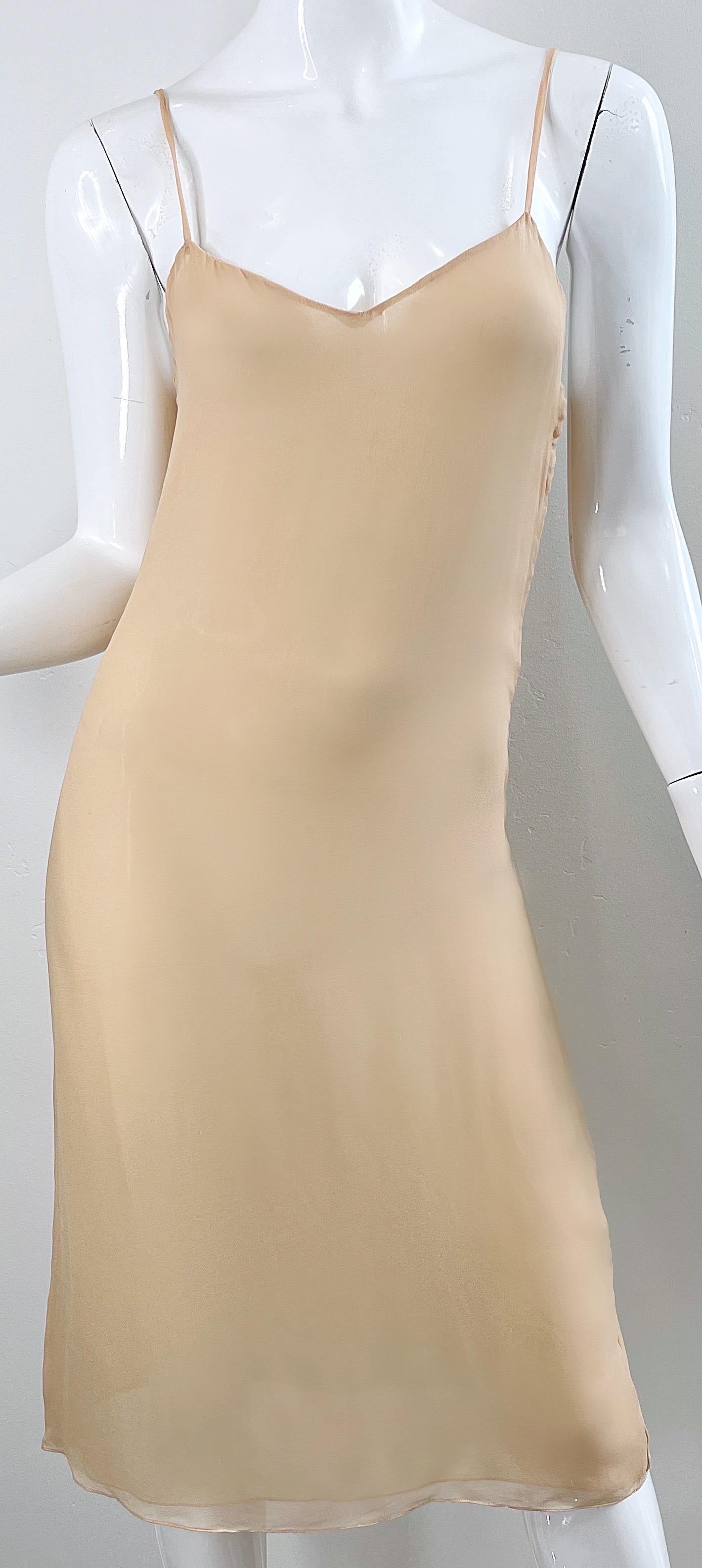 1970s Halston Couture Nude Silk Chiffon Semi Sheer Bias Cut Vintage 70s Dress  For Sale 4