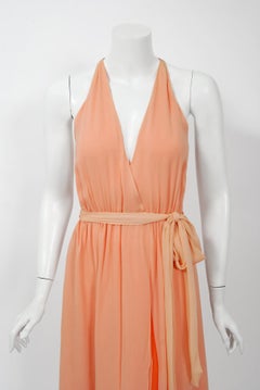 Vintage 1970's Halston Couture Peach Silk-Chiffon Low Plunge Belted Wrap Dress