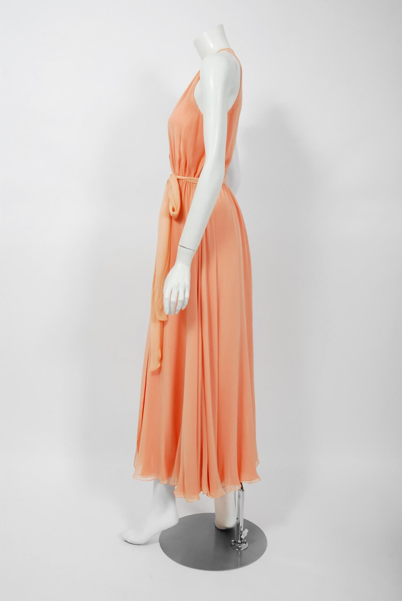 Orange Vintage 1970's Halston Couture Peach Silk-Chiffon Low Plunge Belted Wrap Dress